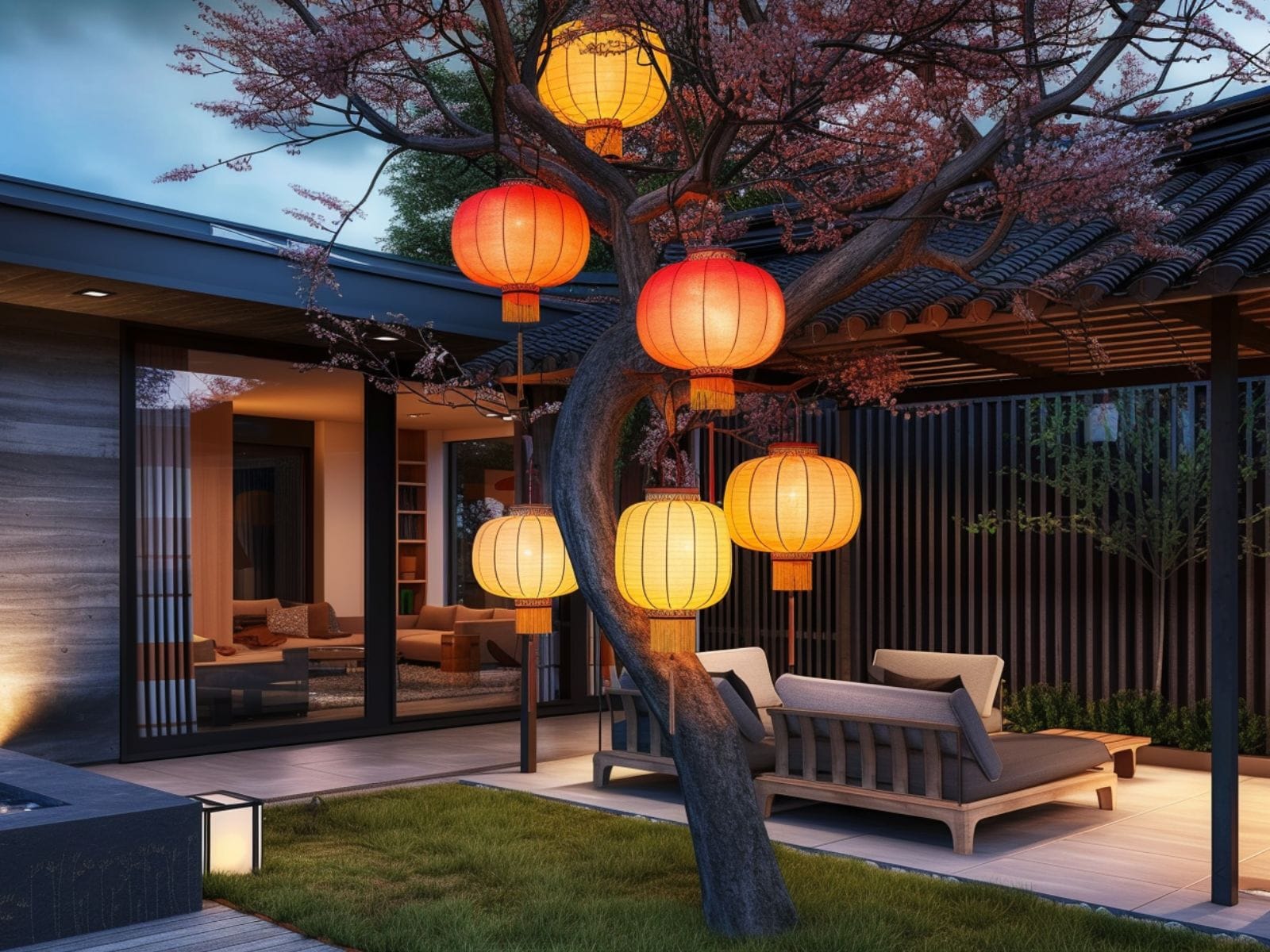 Chinese lanterns hanging from tree branches in a backyard 