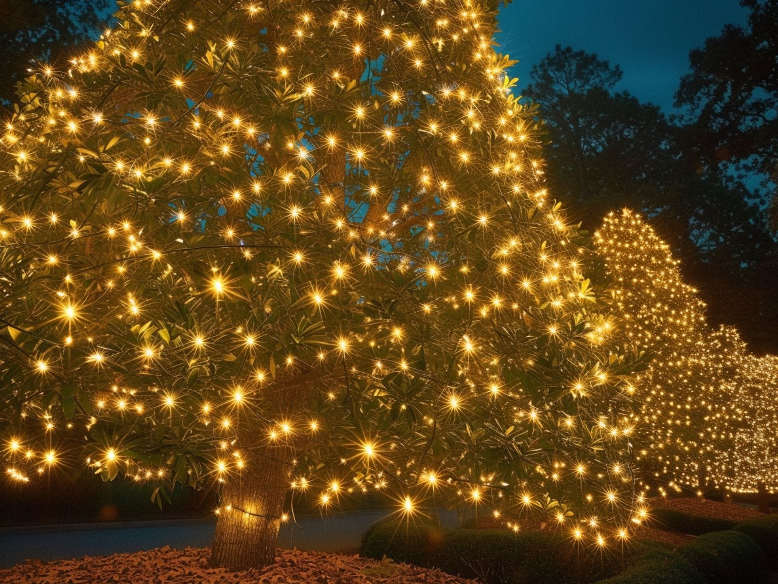 Net lights covering the crown of garden trees