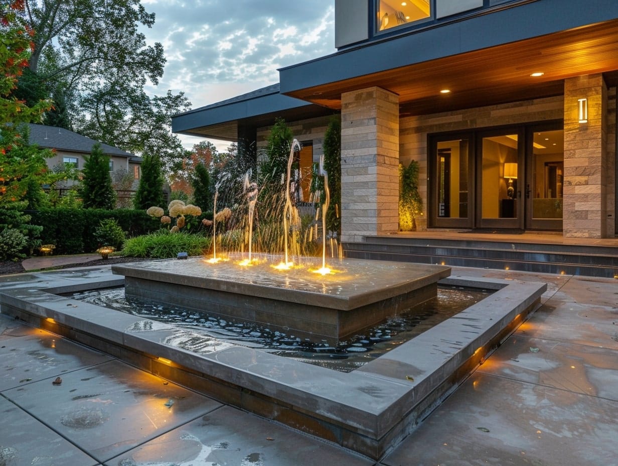 Underwater lights highlighting a front yard fountain
