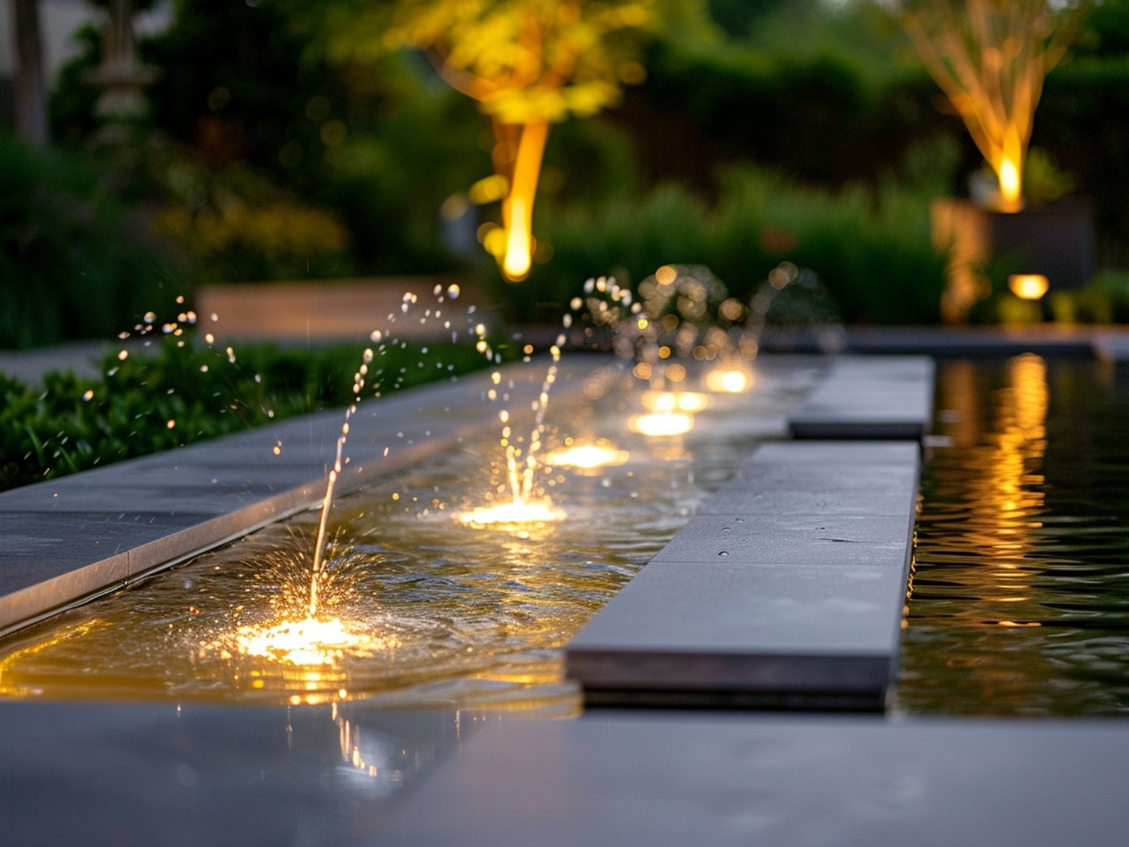 Submersible lights illuminating a garden fountain