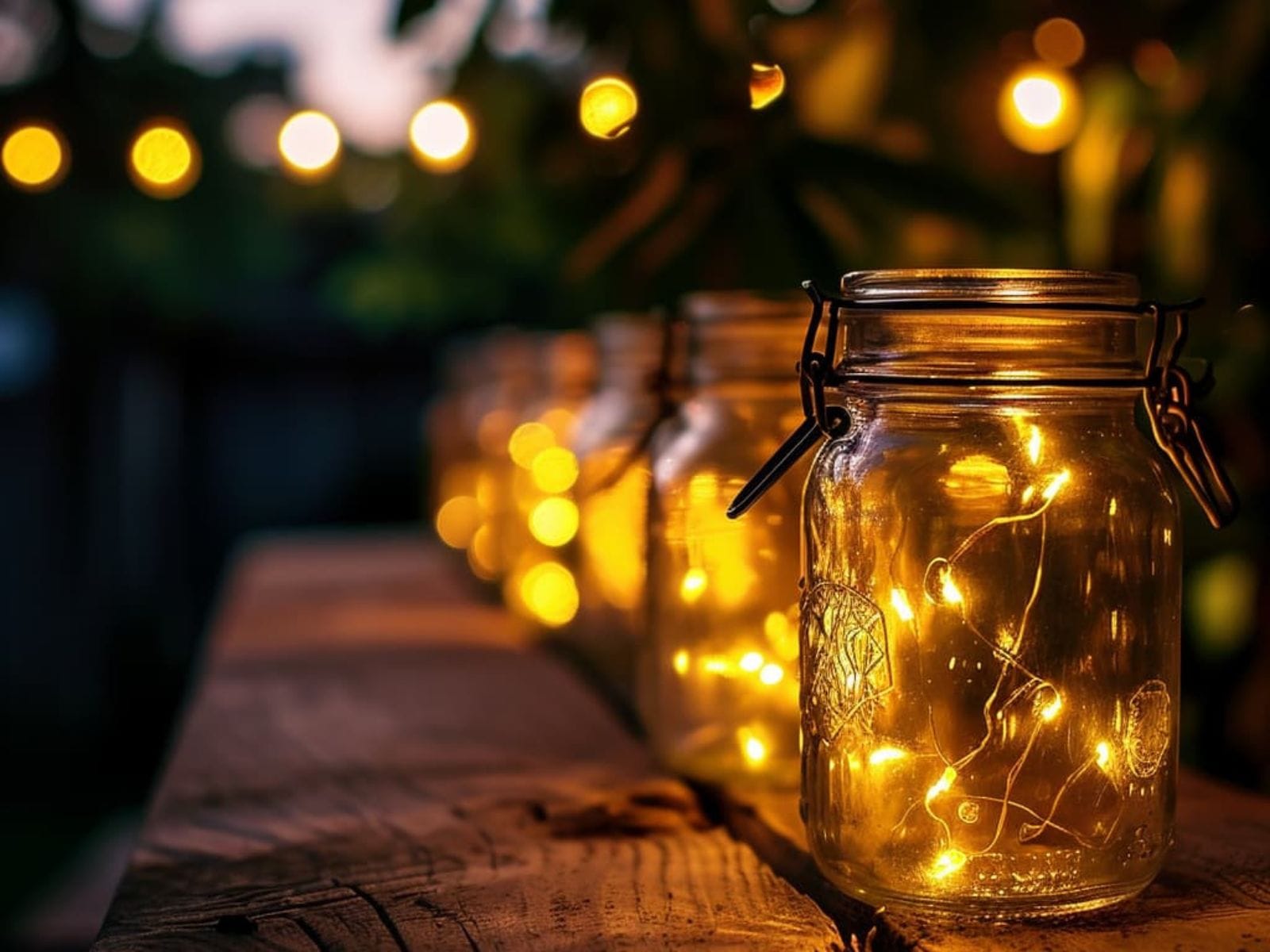 Mason jar lights placed on an outdoor dining table 