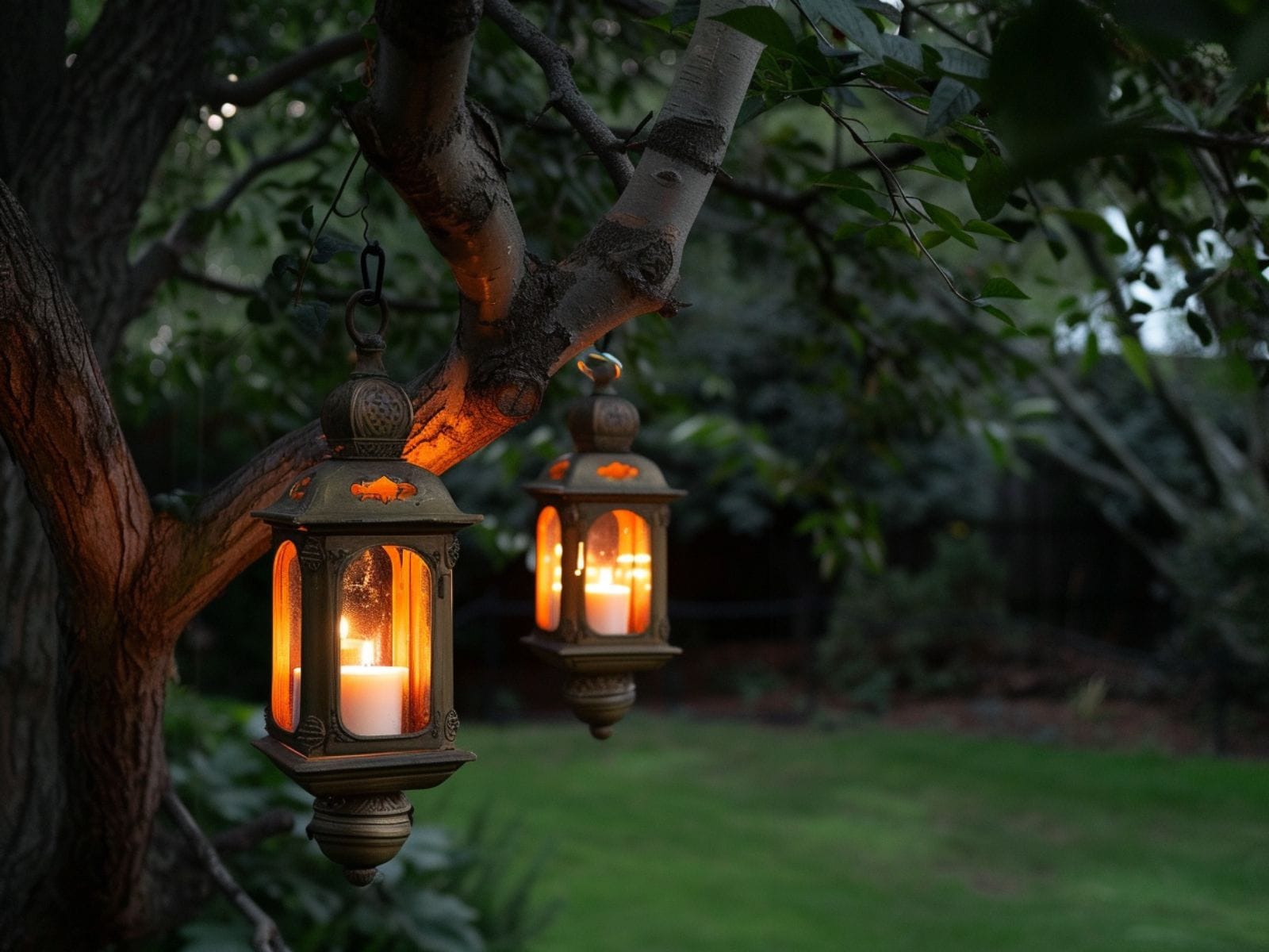 Traditional lanterns with candles hanging from tree branches 