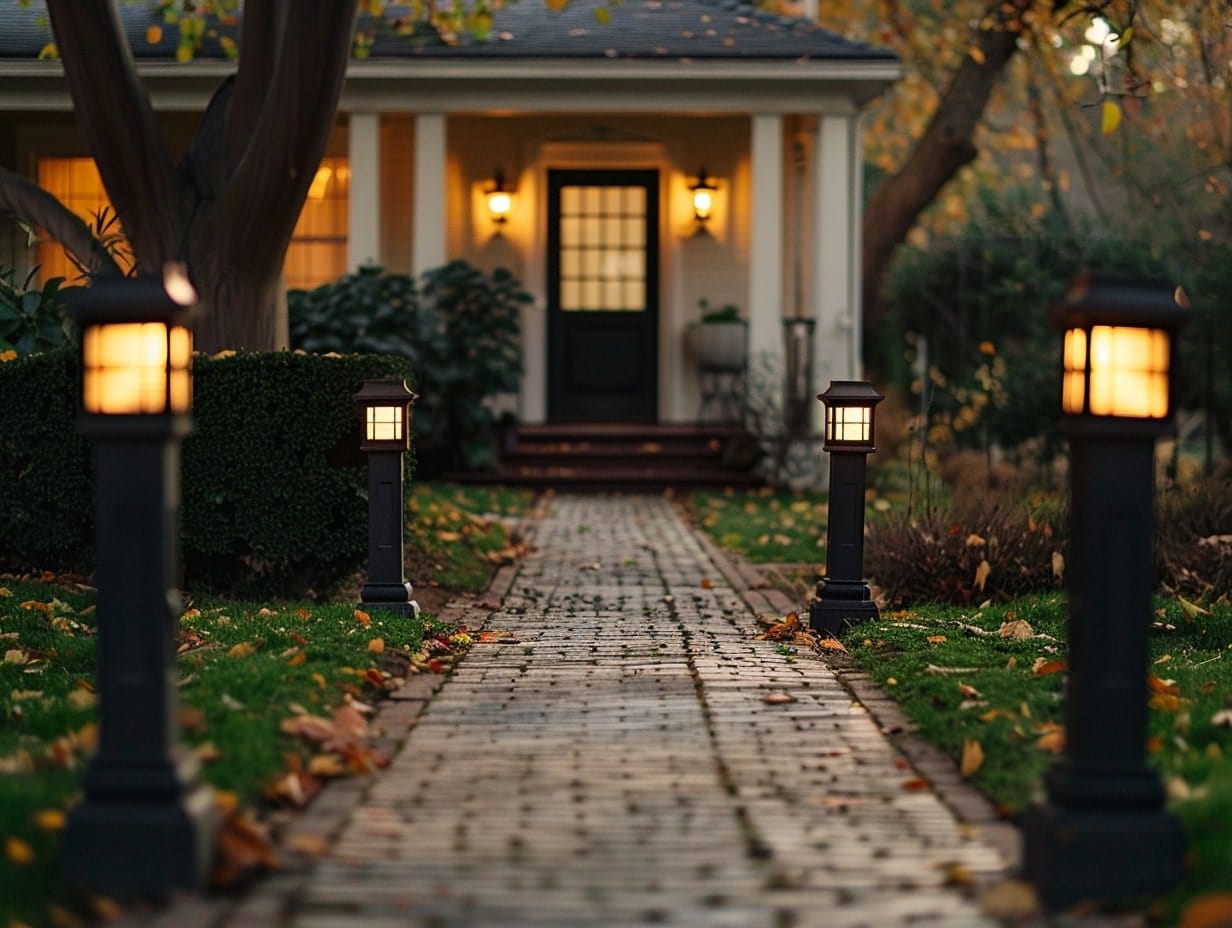 Bollard lights illuminating a walkway leading to the front door of a house