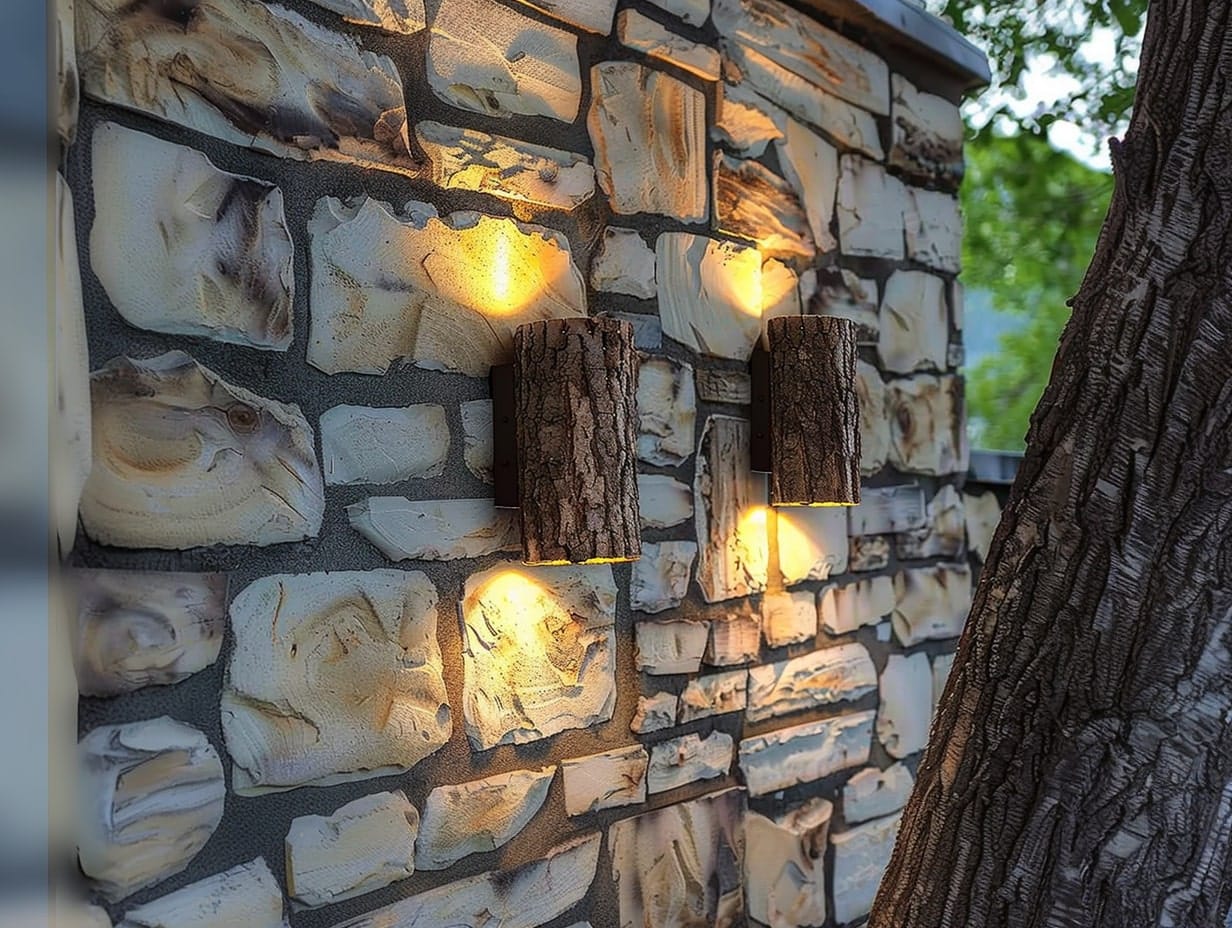 Log wall sconces installed on a garden wall