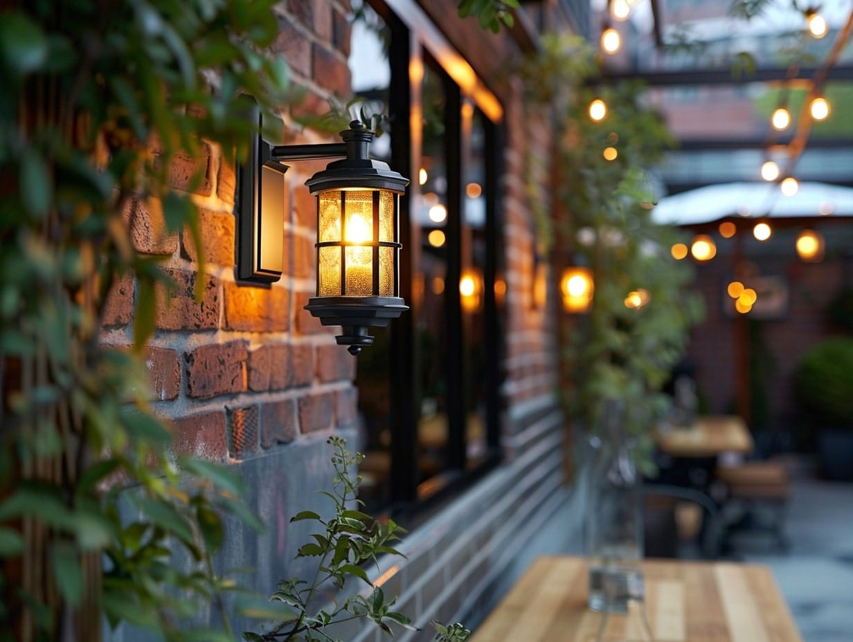 Wall-mounted candle lantern lights installed near an outdoor seating area