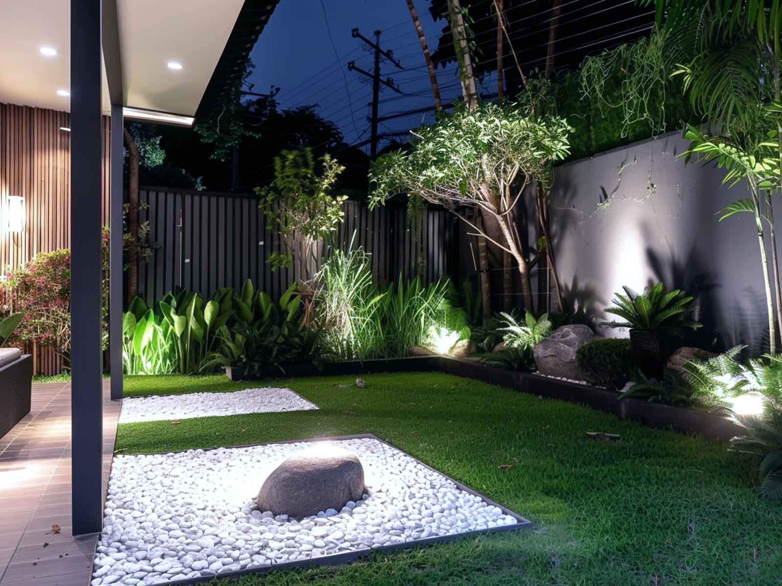 Scattered cool white spotlight illuminating different elements of a garden