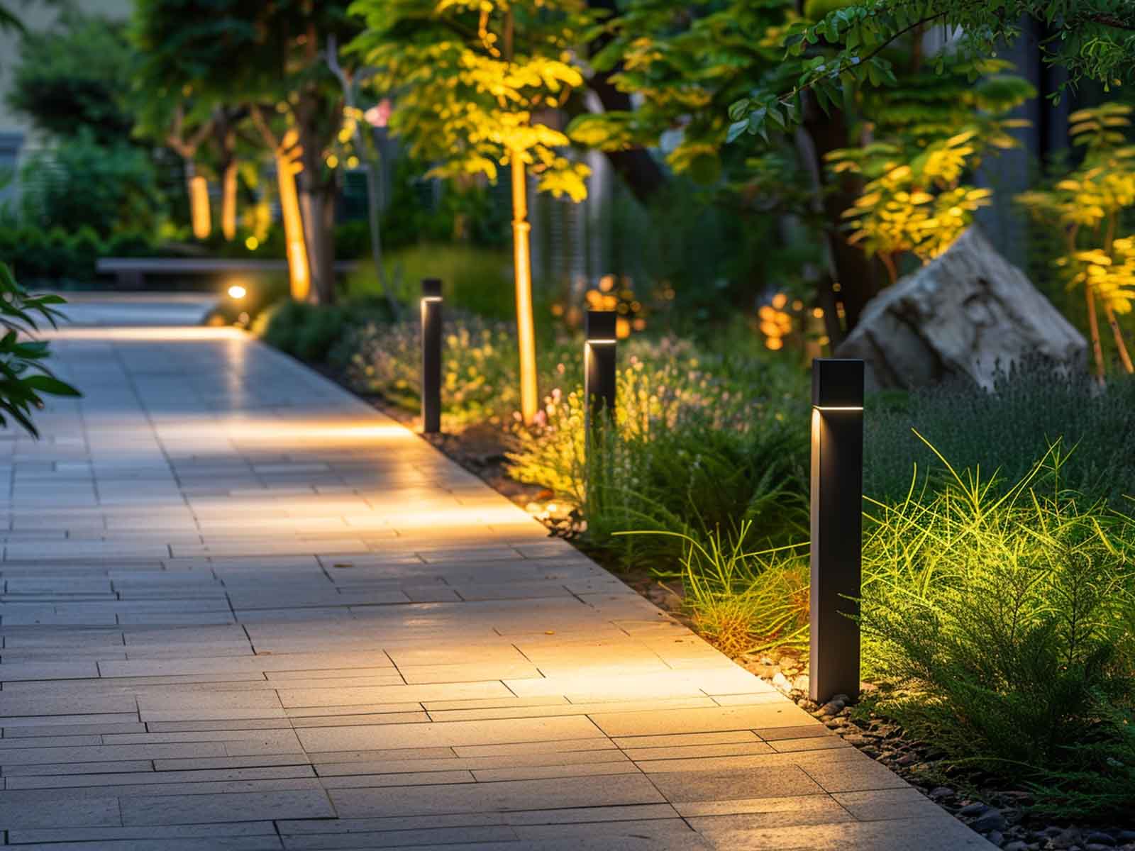 A garden pathway illuminated with bollard lights