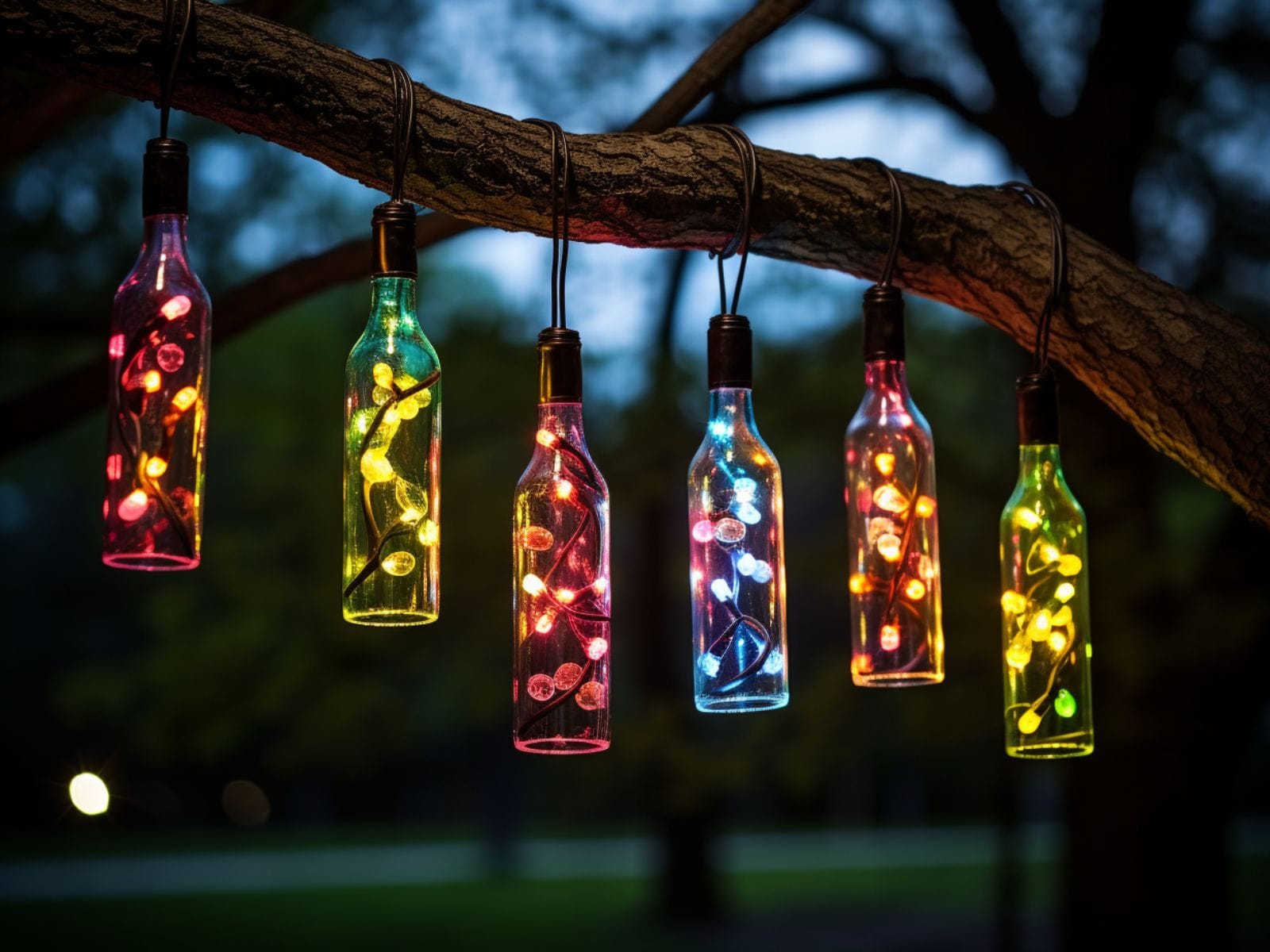 Multicolor wine bottle lights hanging from a tree trunk