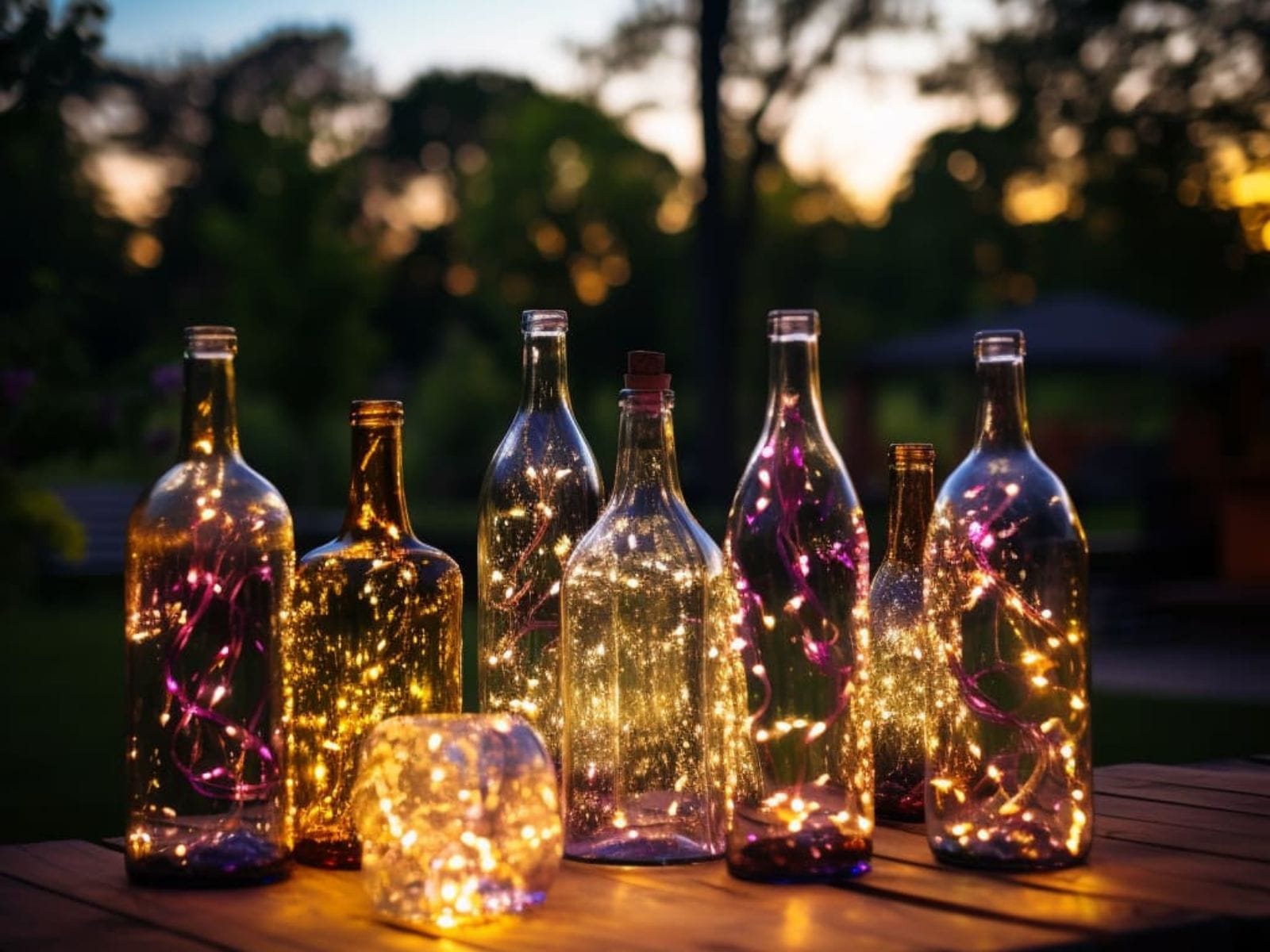 Colorful wine bottle lights placed on a garden table