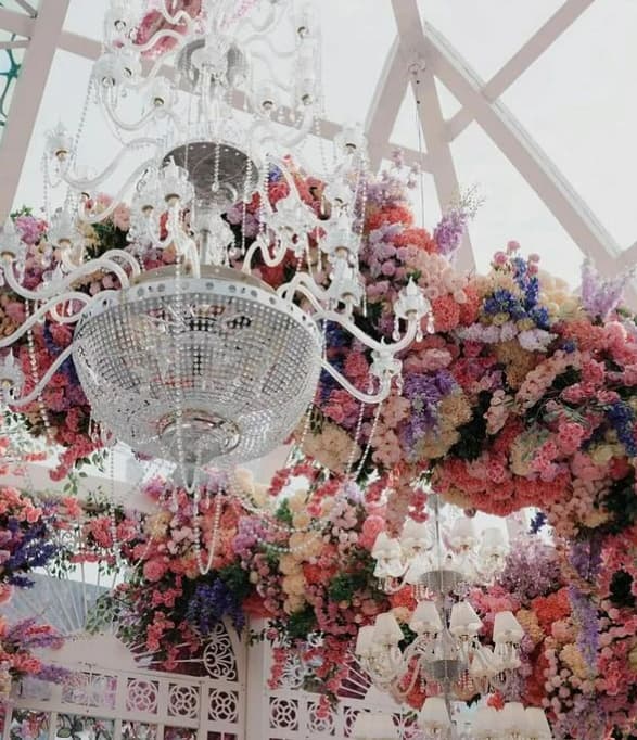 Beautiful exotic flowers with large crystal chandeliers 