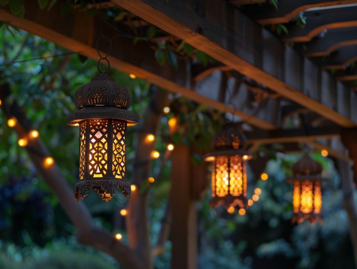 Multiple Moroccan lanterns hanging from pergola beams