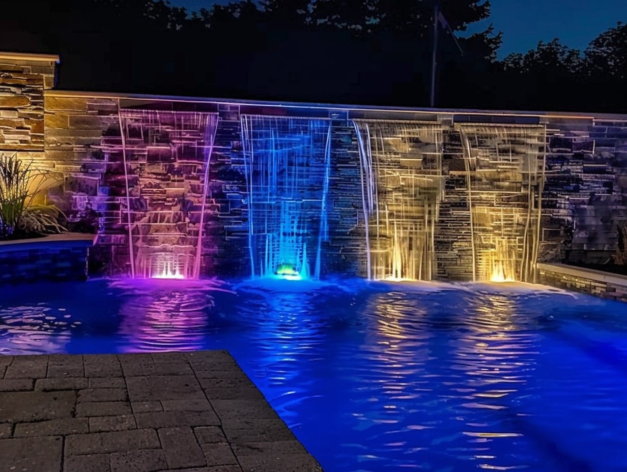 Small pool waterfalls illuminated with colorful LED uplights