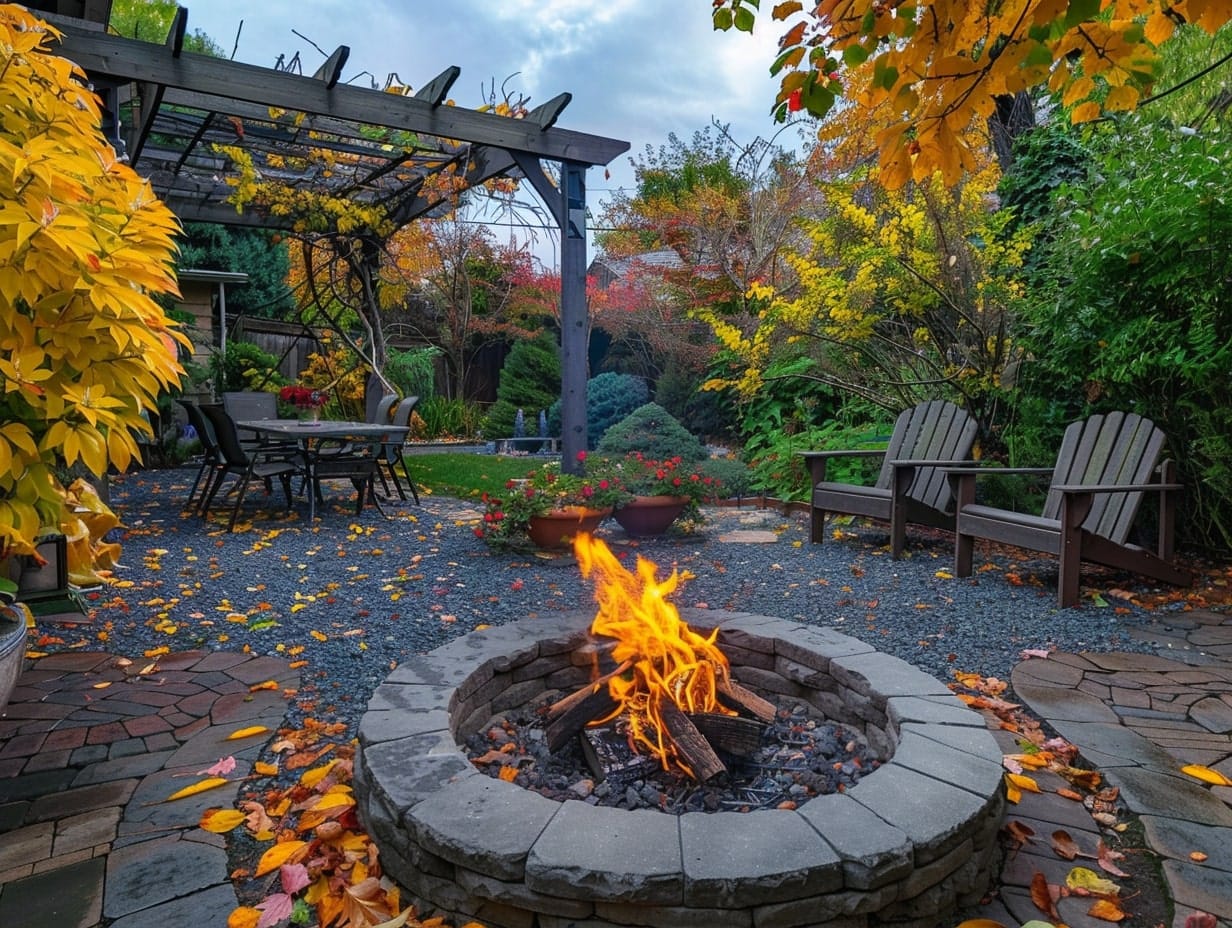 A garden with a large fire pit in the center