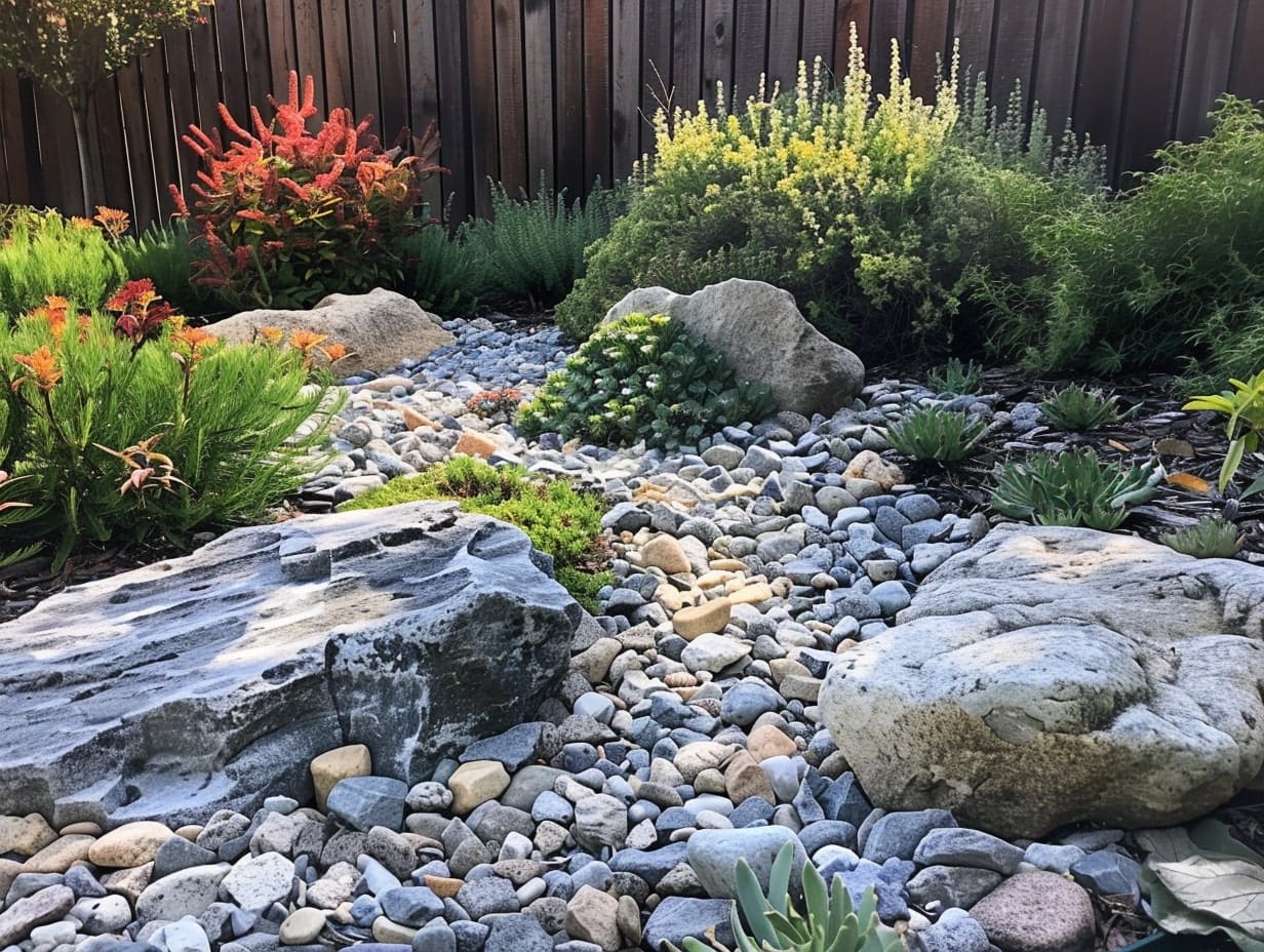 A garden with both small and large rocks