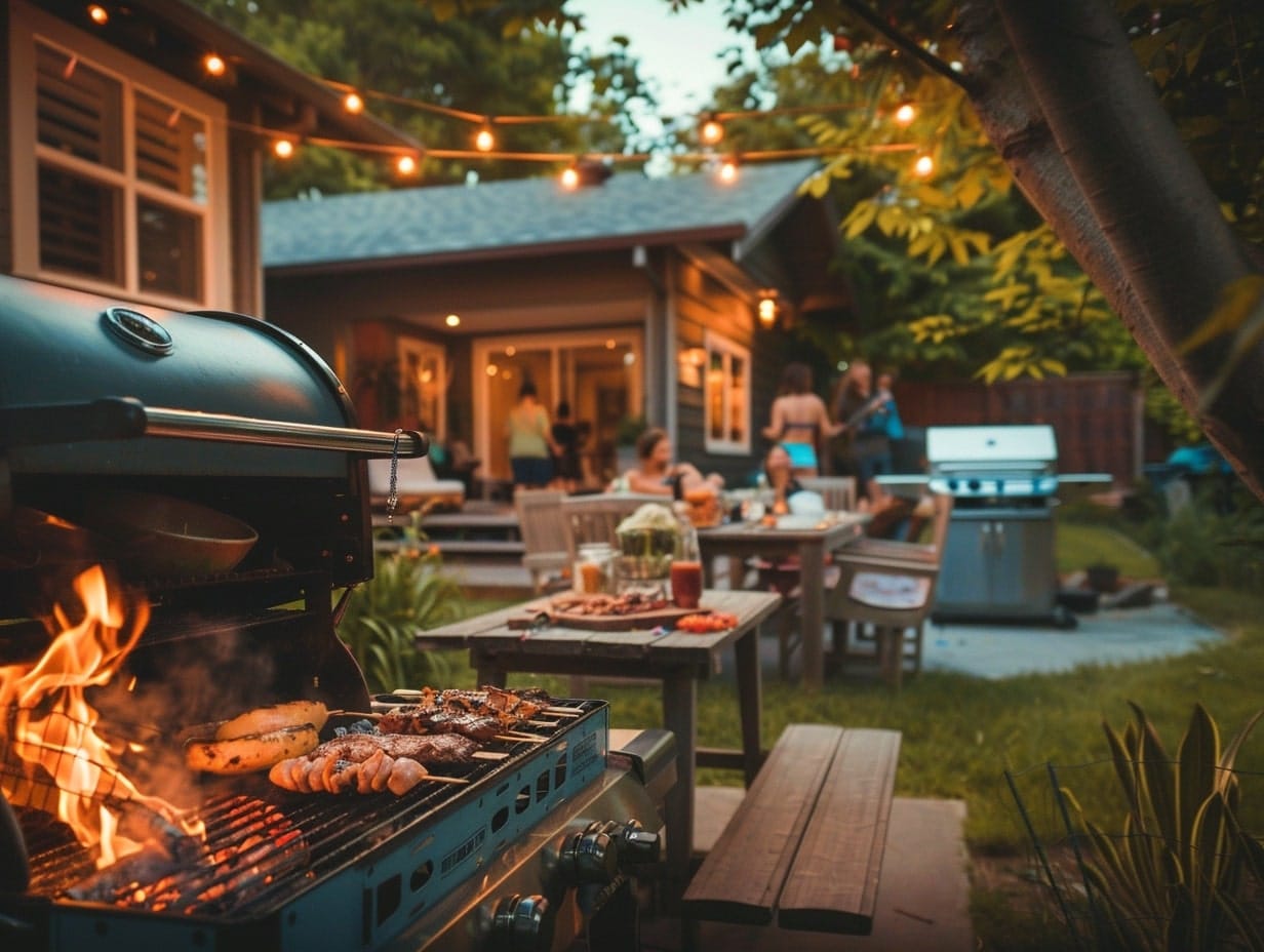 A gourmet bbq party being organized in a garden 