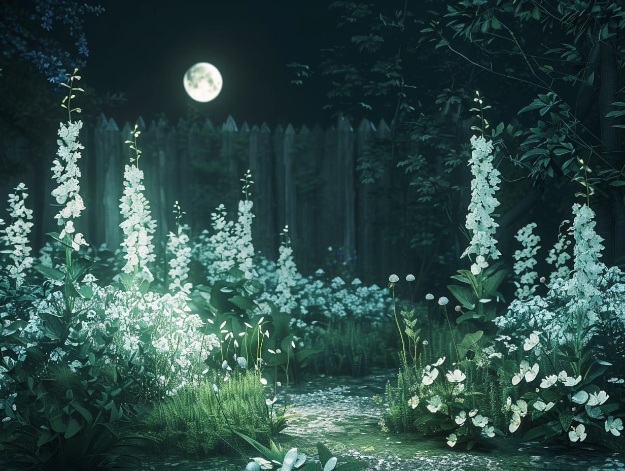 A garden with white flowers and moonlight shining on them