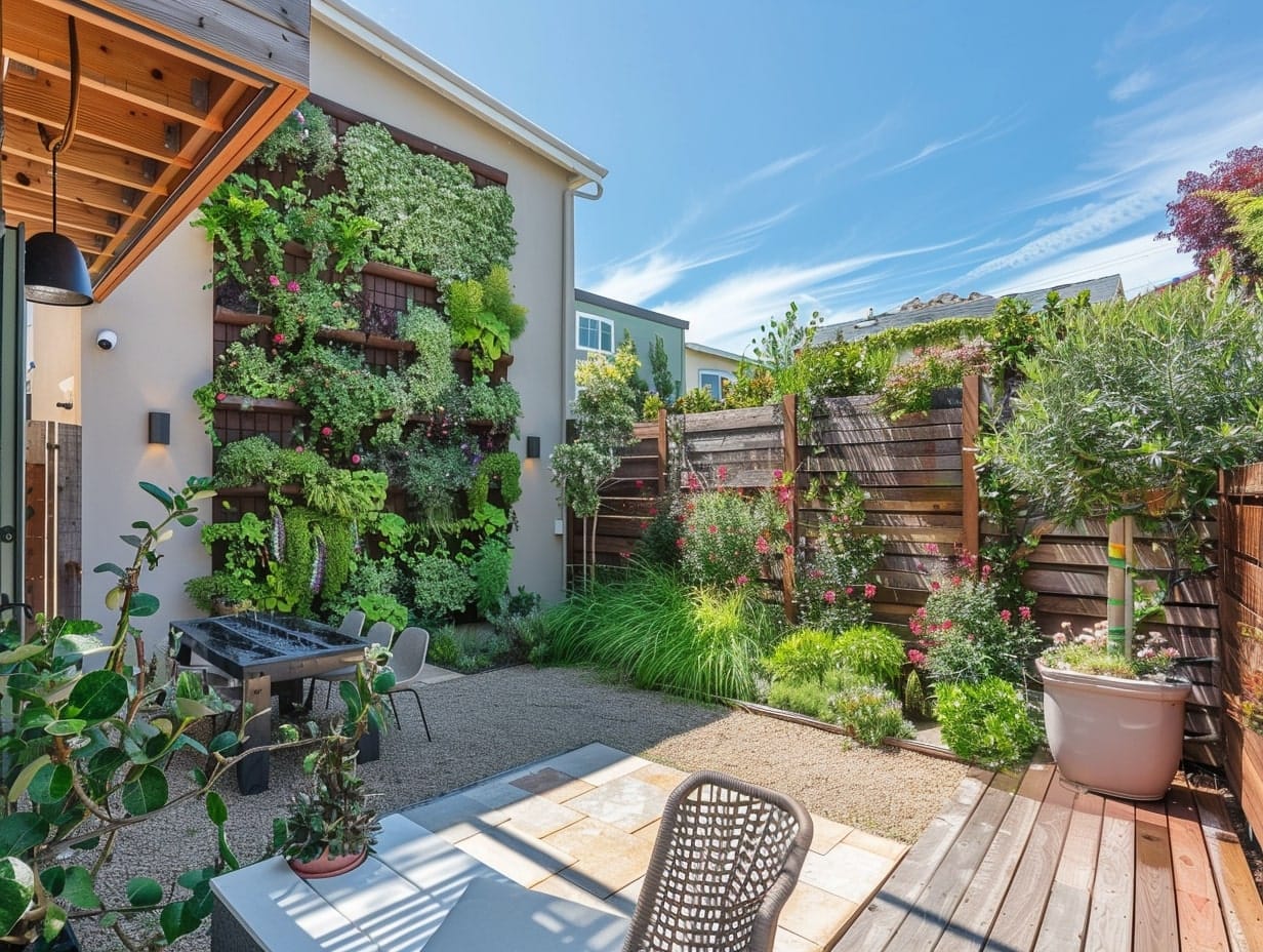 A backyard with a vertical garden