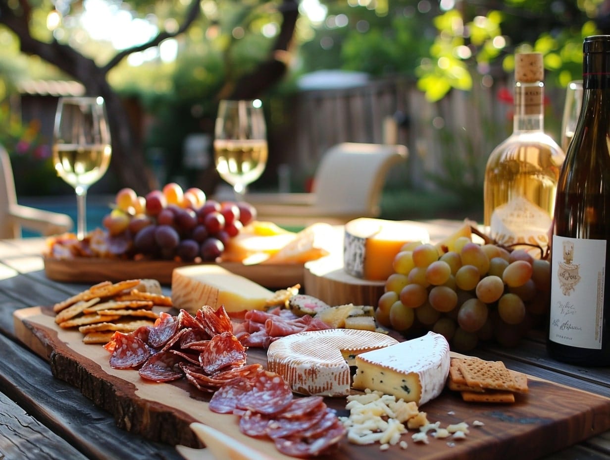 A garden party setup with different types of wines and snacks