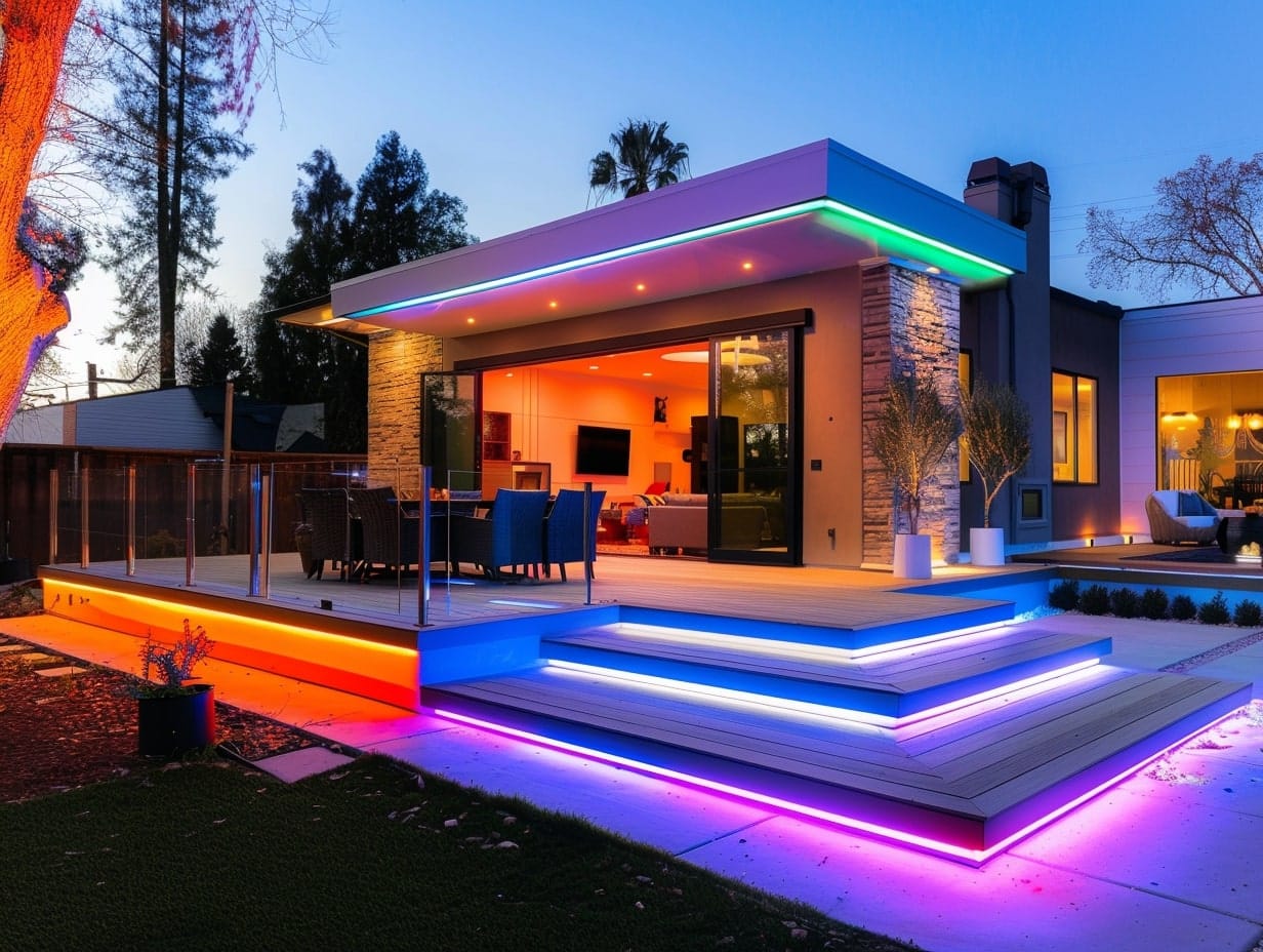 The backyard of a house decorated with multicolored smart LED lights