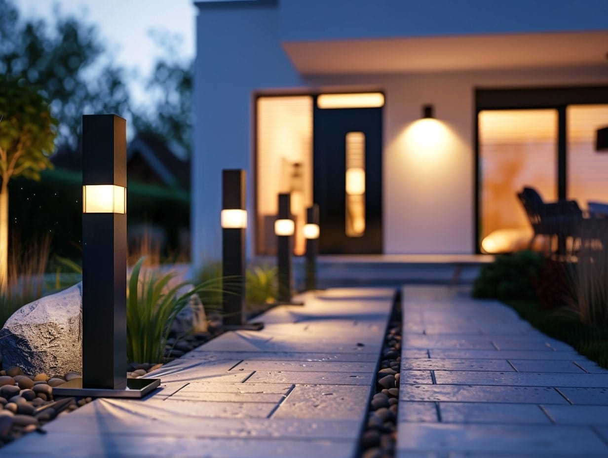 Bollard lights installed along a walkway leading to a house's front entrance