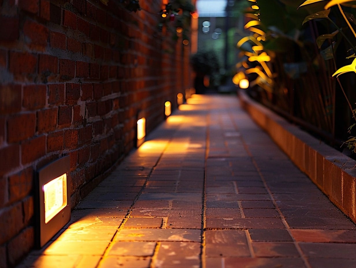 Brick lights integrated into a wall adjacent to a backyard pathway
