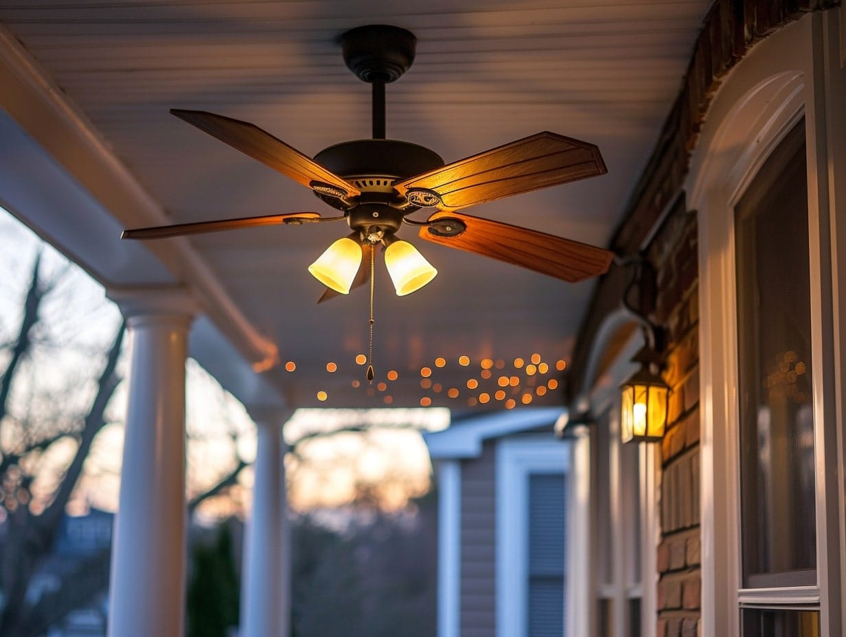 A ceiling fan with lights hanging from a porch ceiling