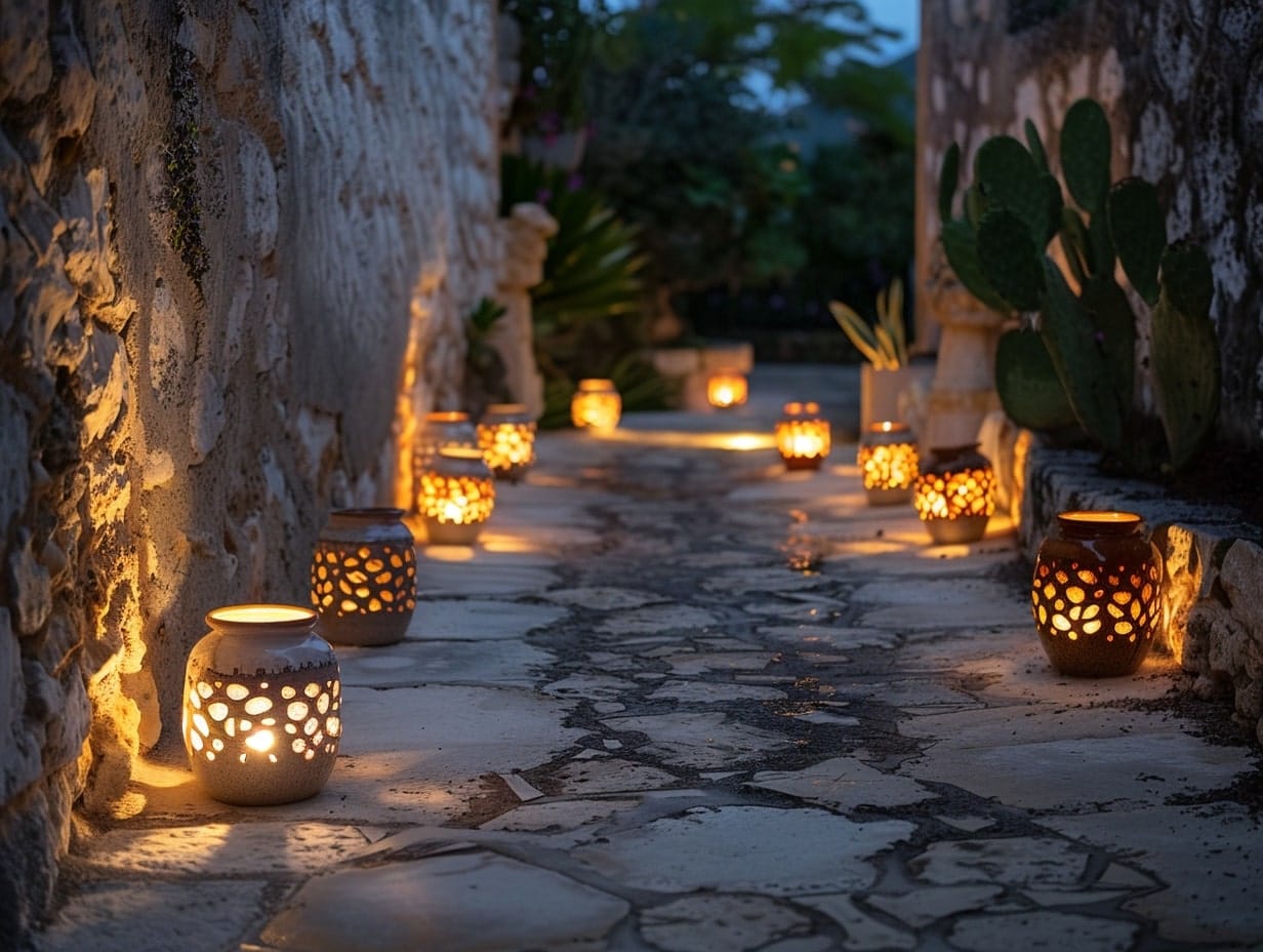 LED ceramic lanterns placed along pathway edges