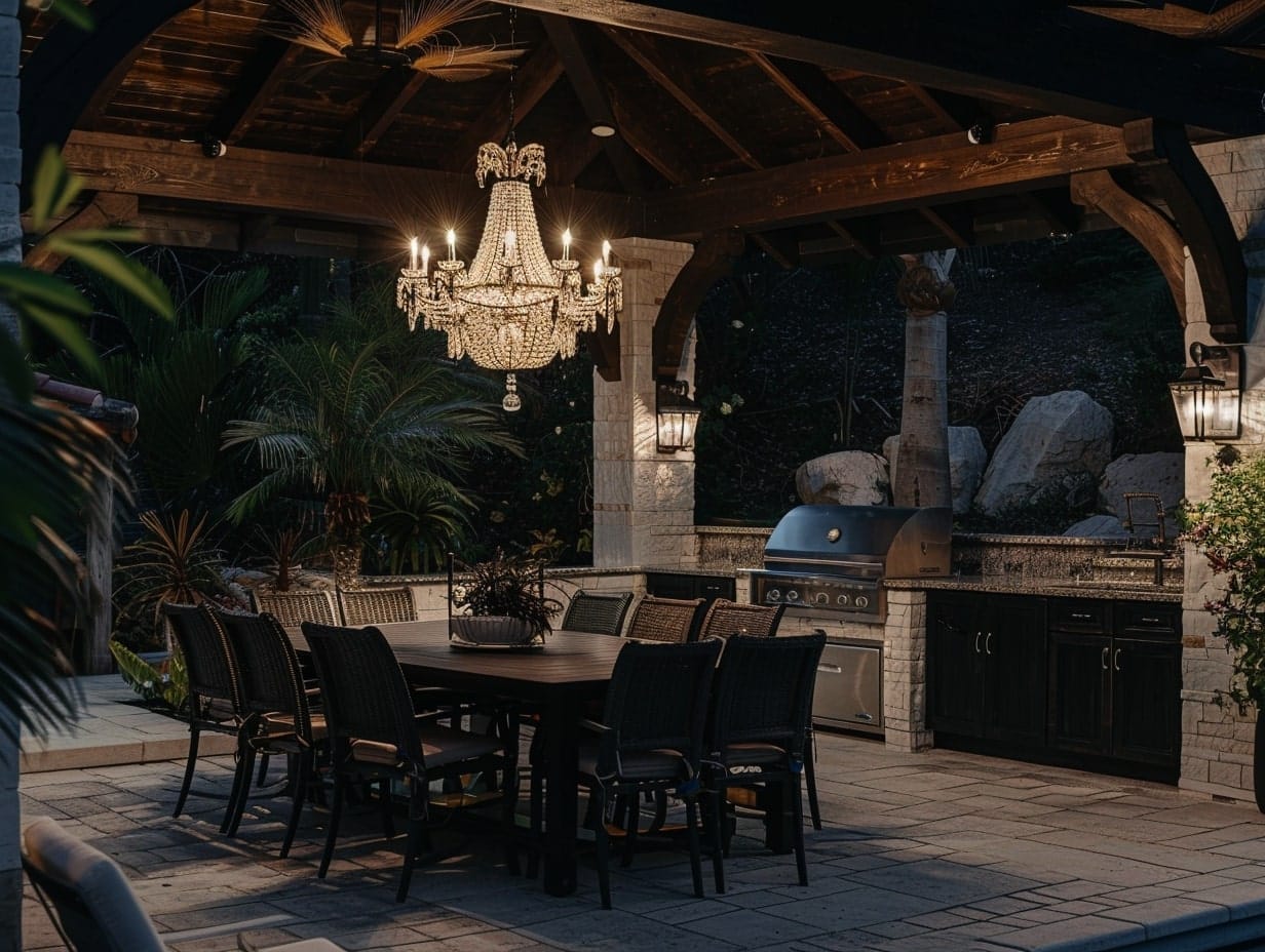A beautiful crystal chandelier hanging from the ceiling of an outdoor kitchen