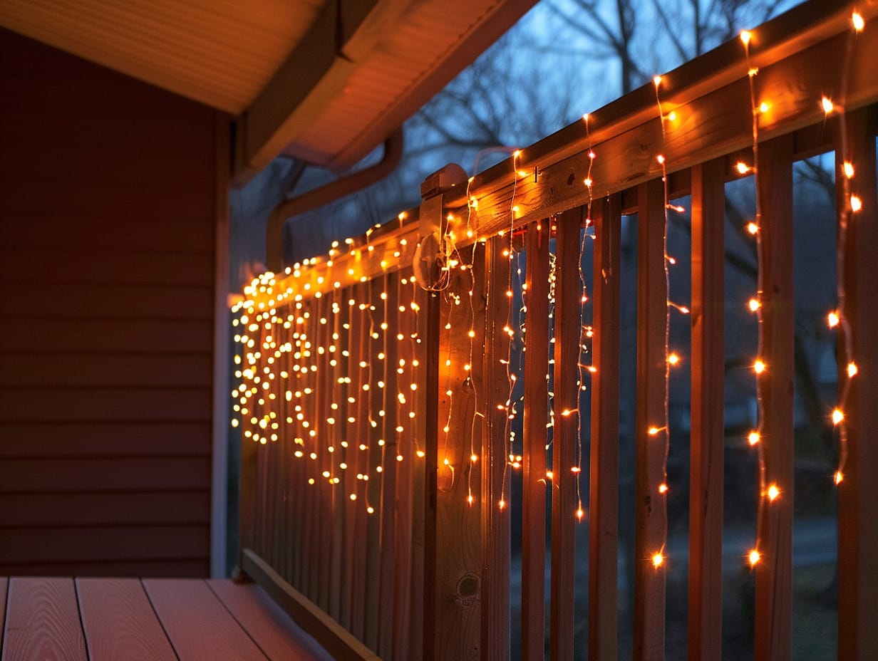 LED curtain lights hanging from a deck railing