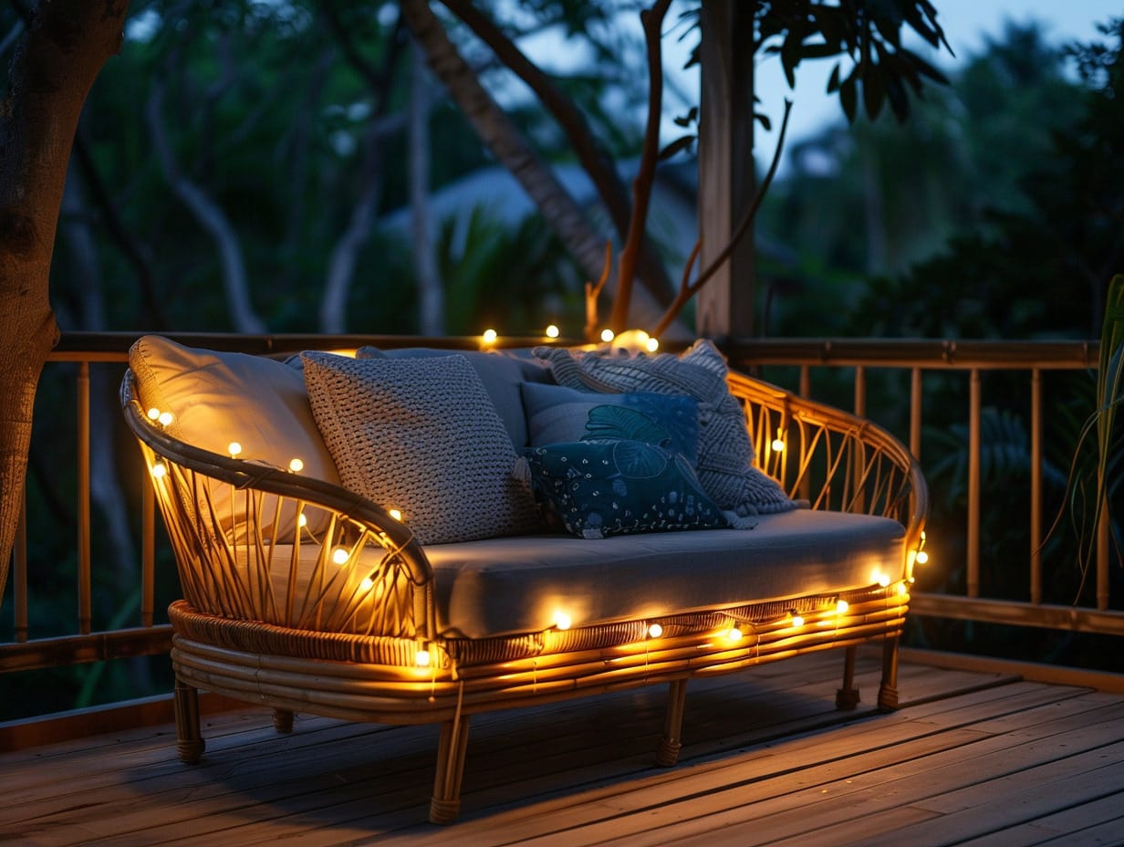 LED string lights wrapped around a sofa on the deck
