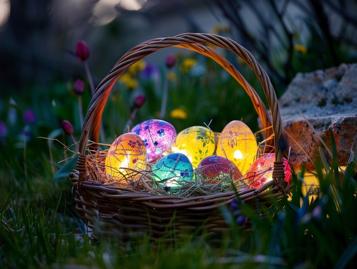 Illuminated Easter eggs placed in a basket