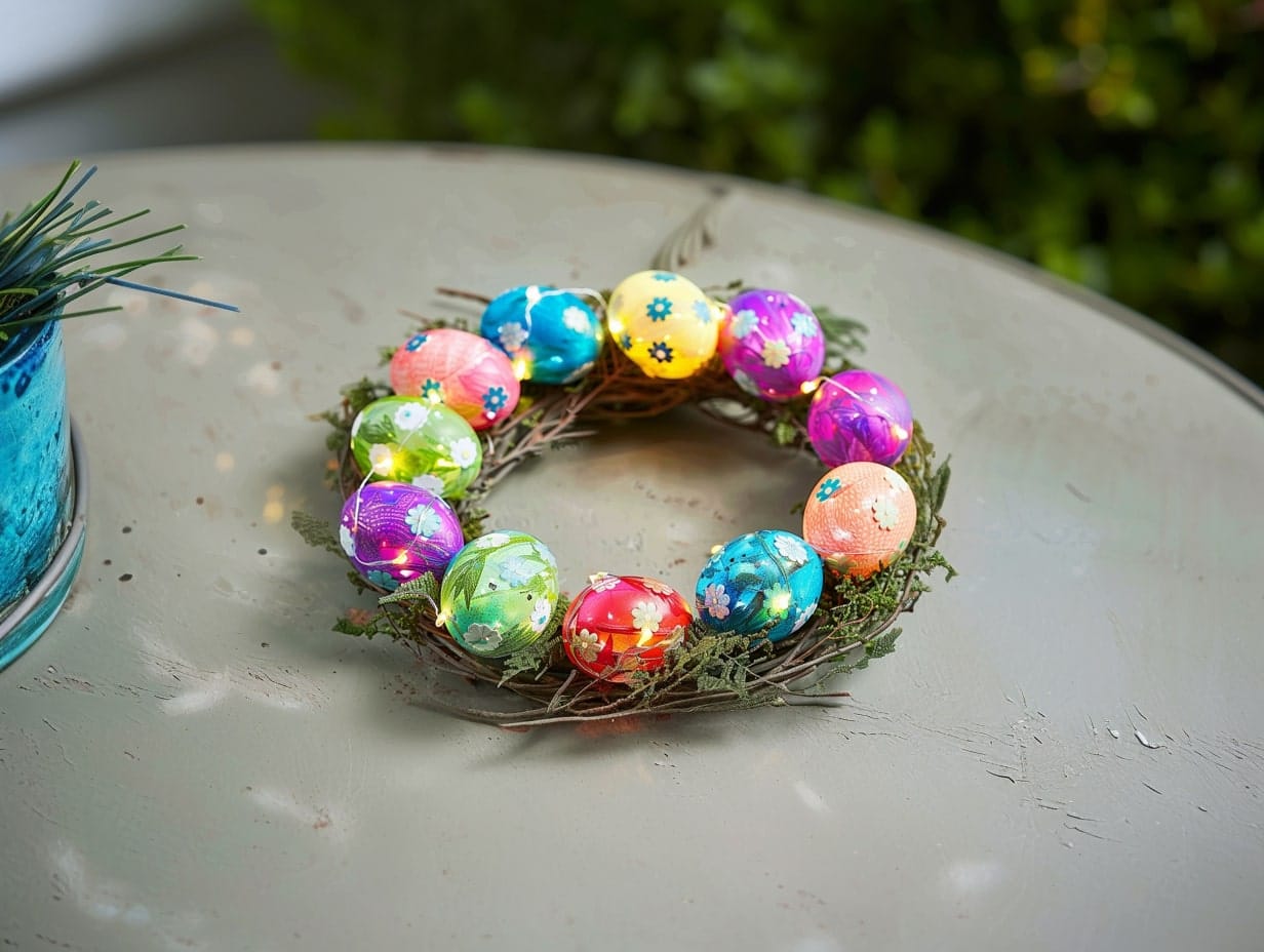 An Easter egg wreath placed on a garden table
