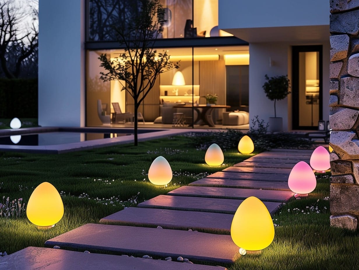 Egg-shaped floor lamps decorating a garden pathway