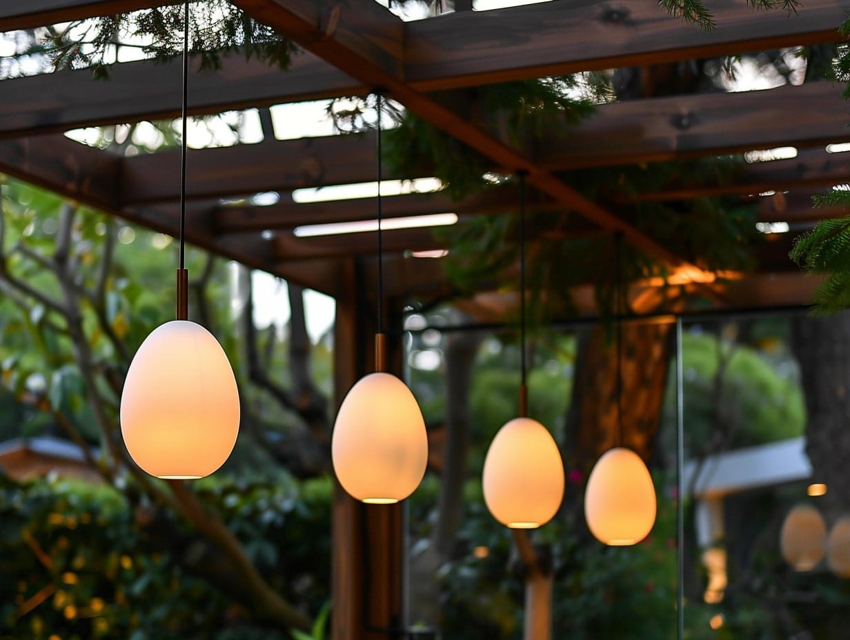 Egg-shaped pendant lights hanging from a backyard pergola