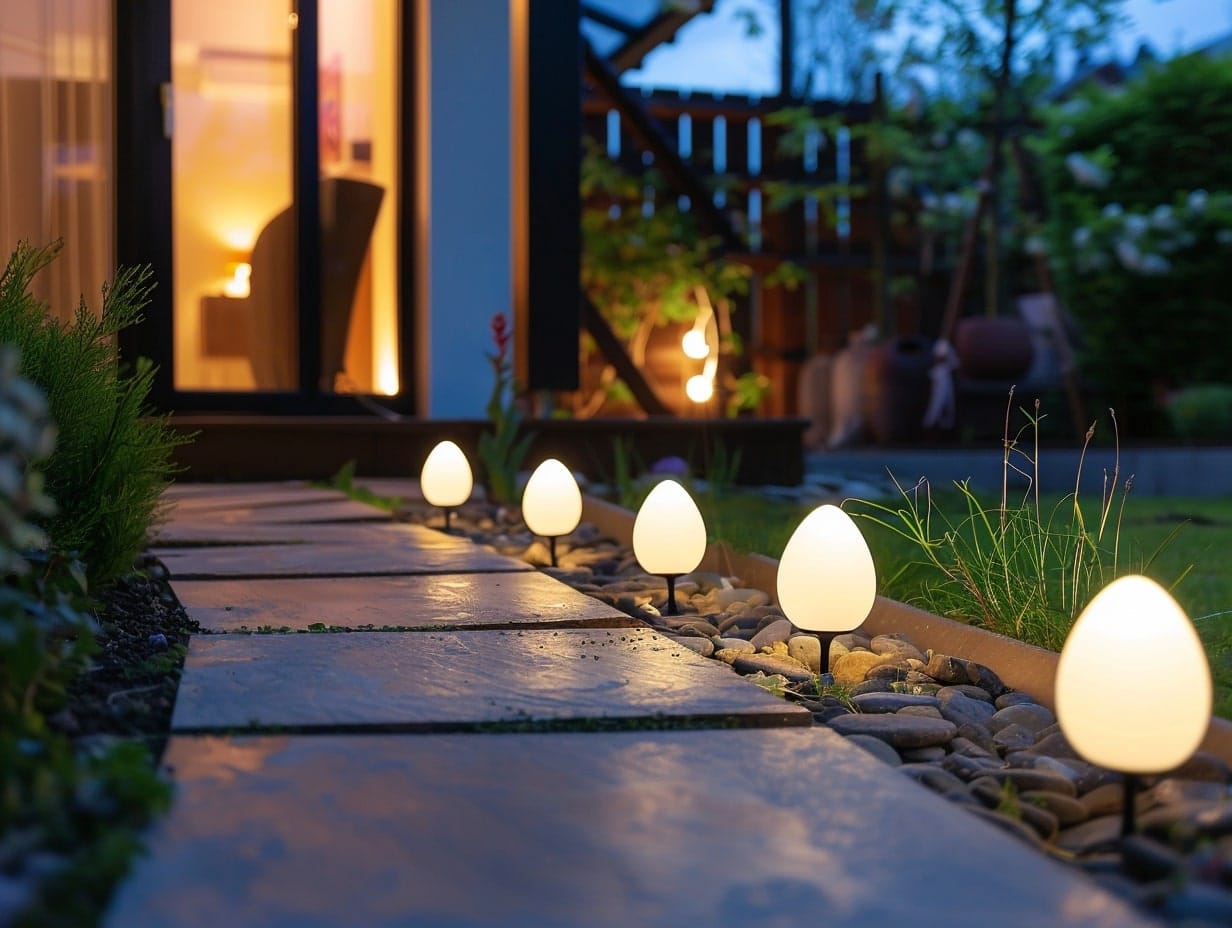 Egg-shaped stake lights installed along a walkway leading to the front door