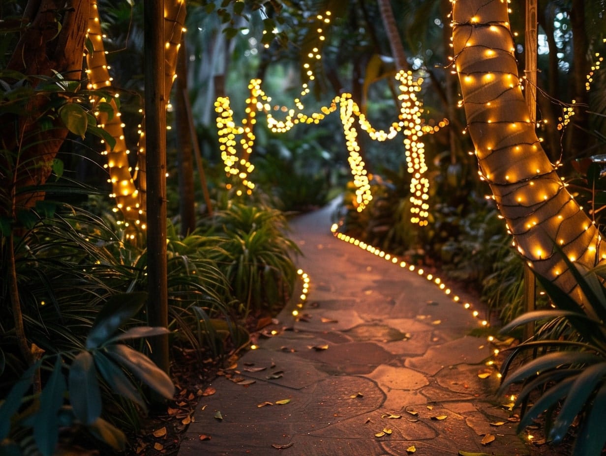 Fairy lights wrapped on tree trunks along a garden pathway