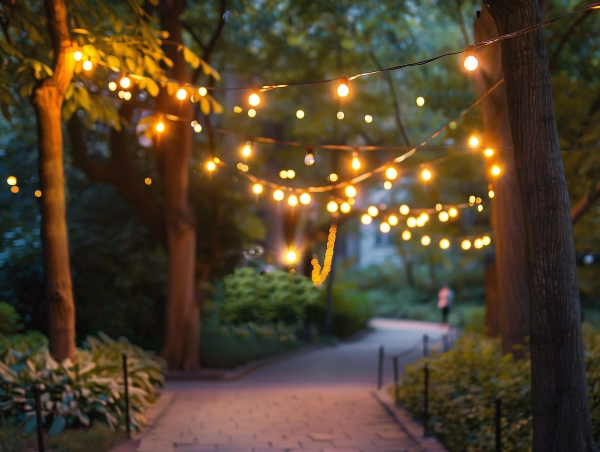 Festoon lights hangs above a garden pathway
