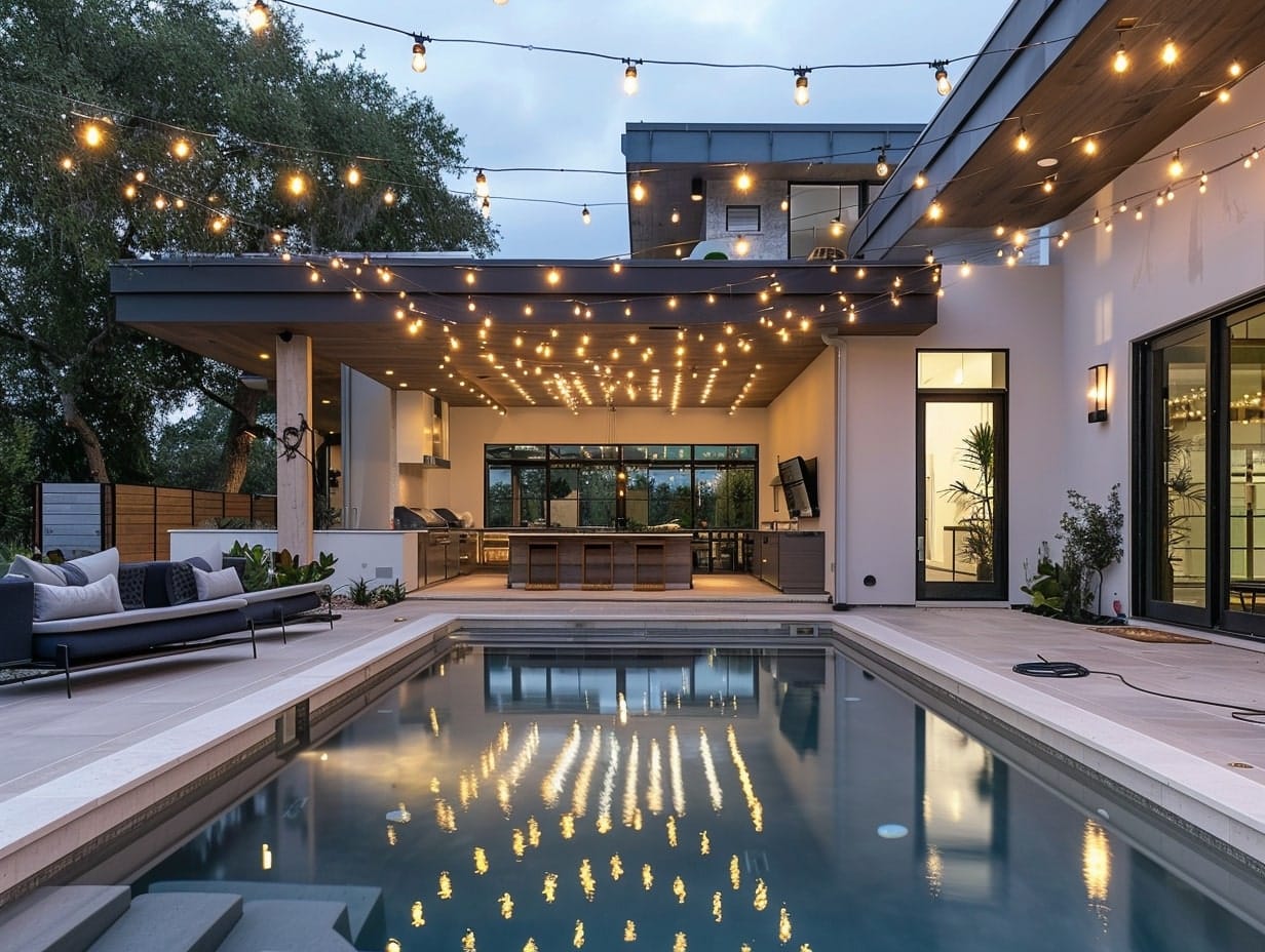 A festoon light canopy covered an outdoor pool