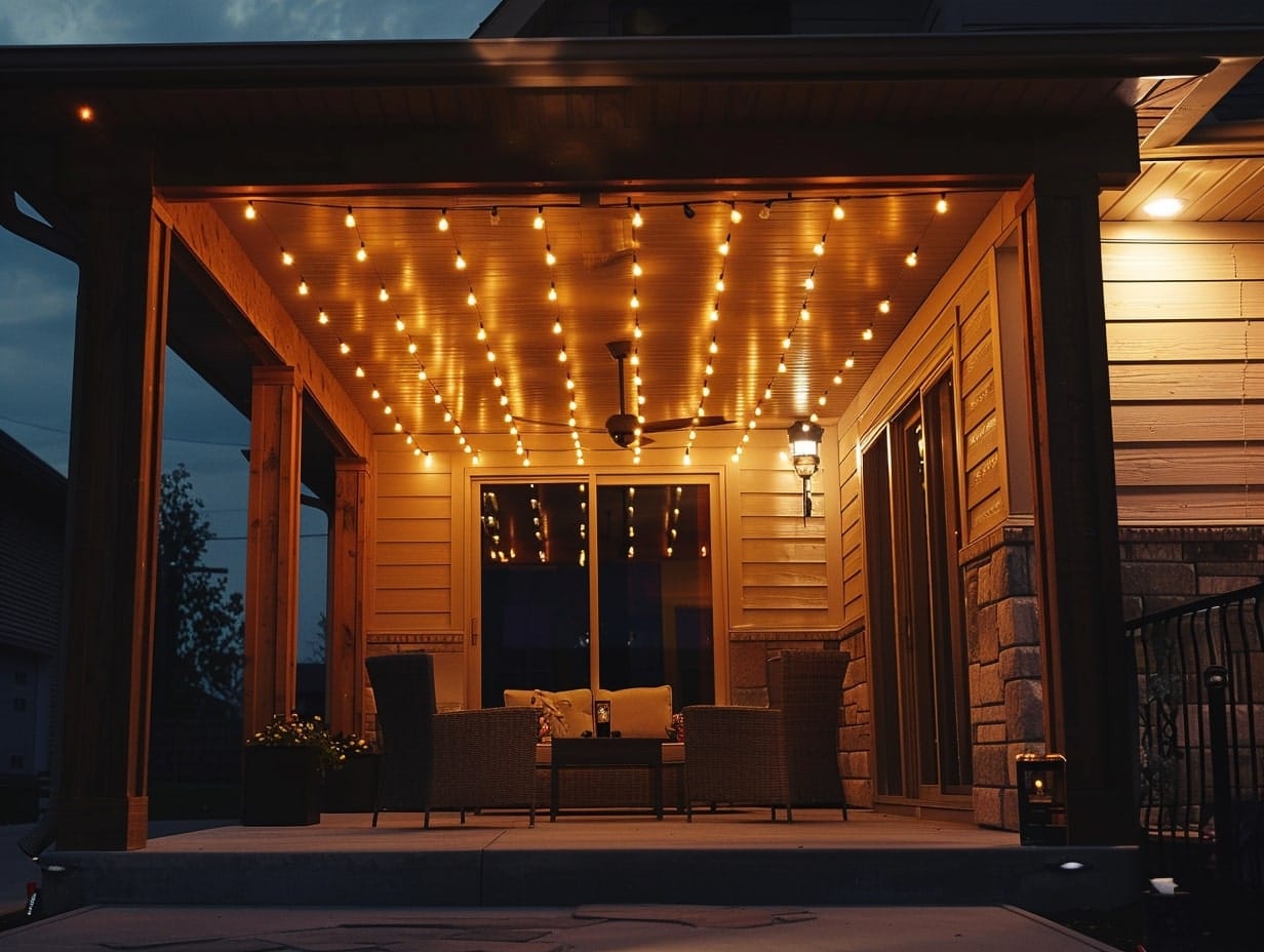Multiple strands of festoon lights hanging from one corner of the porch ceiling to another