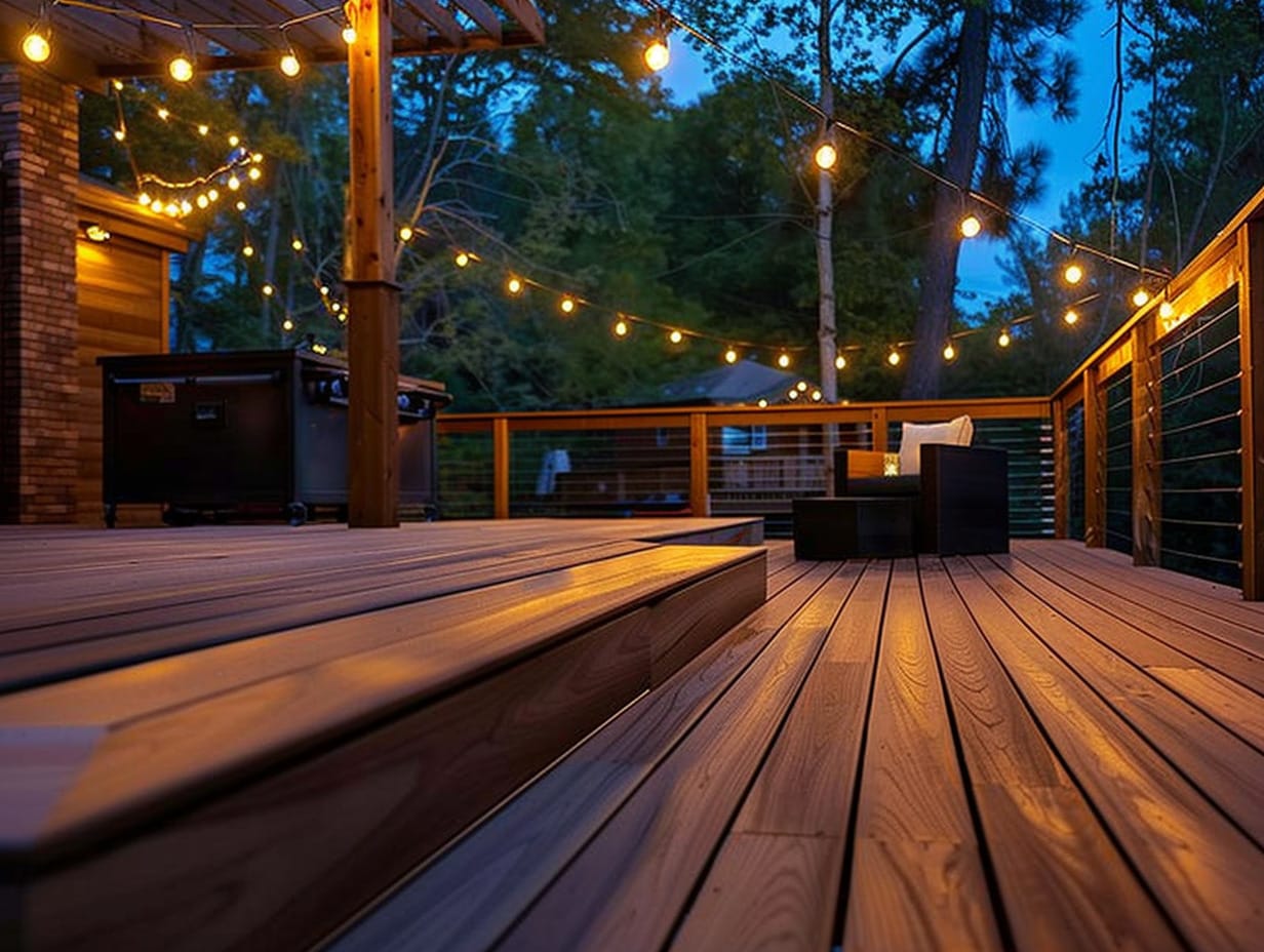 Festoon lights hanging over a deck