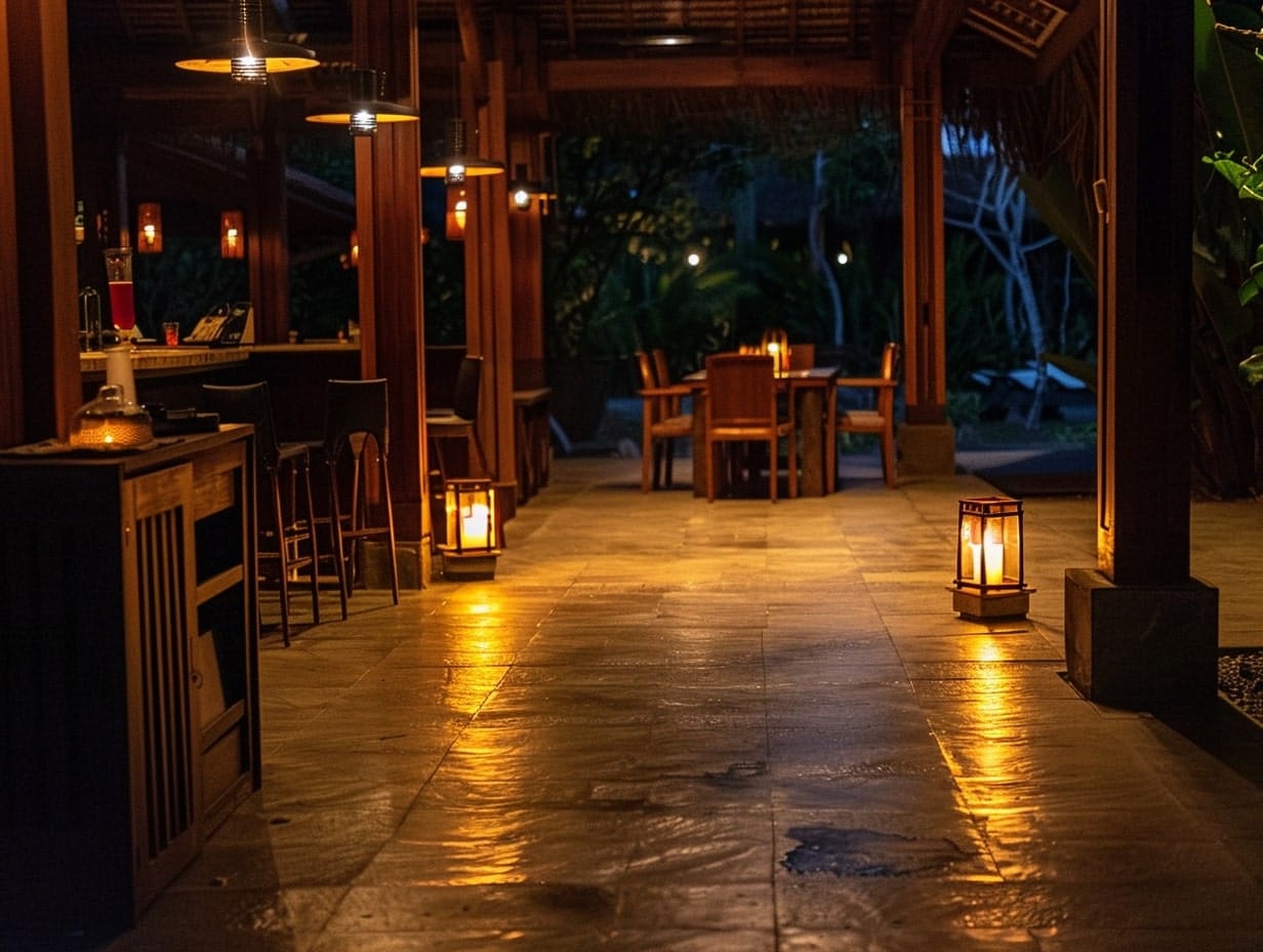 Floor lamps placed in different corners of an outdoor kitchen and dining area