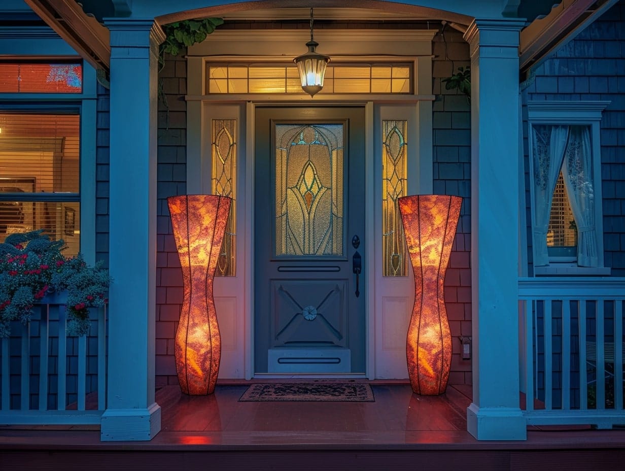 Artistic floor lamps illuminating a front porch area