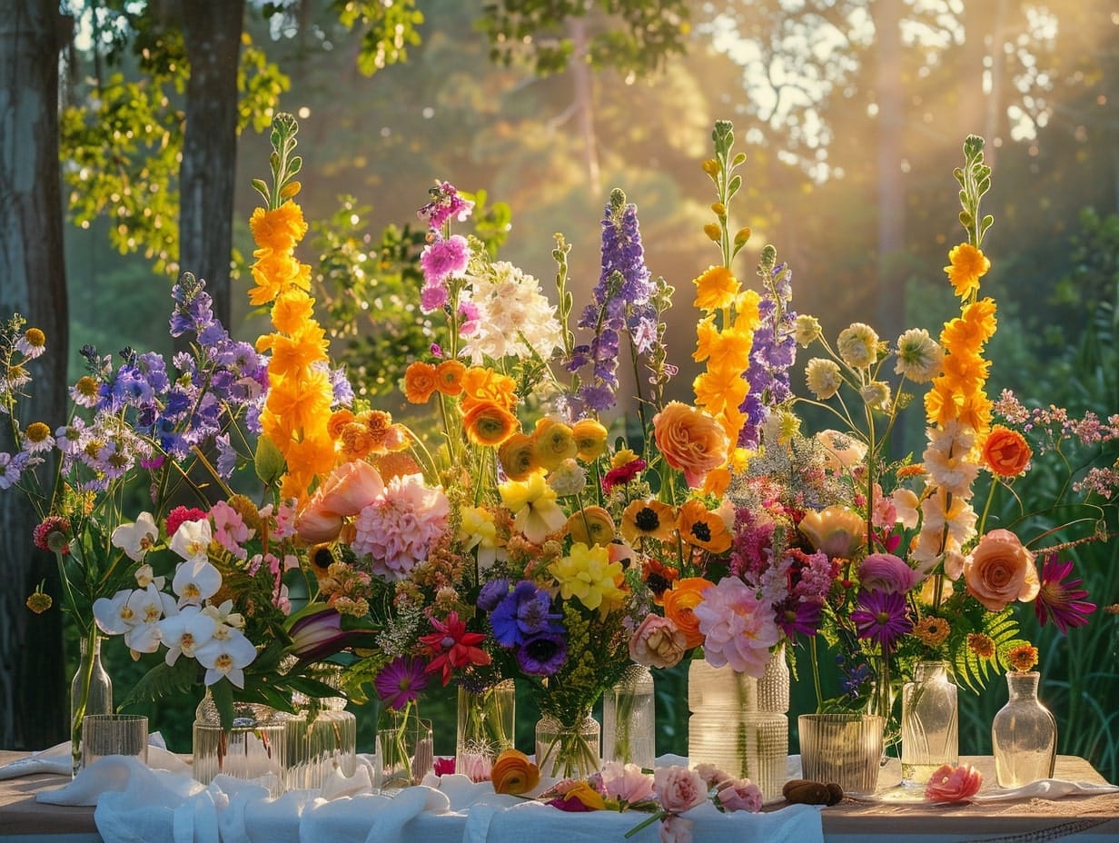 A plethora of flower arrangements on a garden table