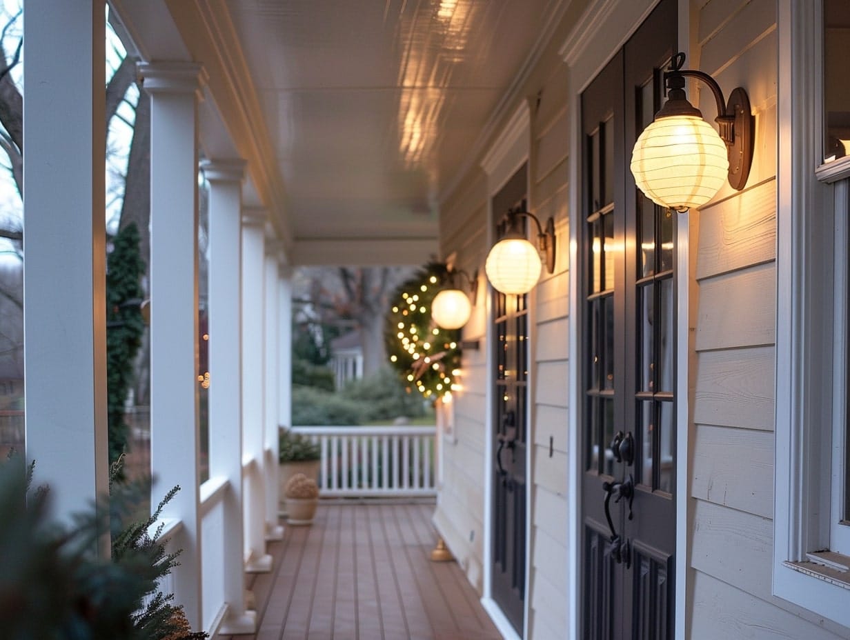 Globe-shaped wall sconces installed on front porch walls