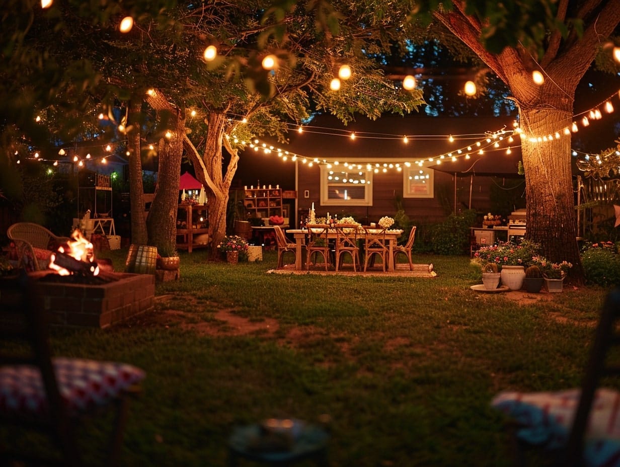 A nighttime garden party setup with festoon lights hanging above