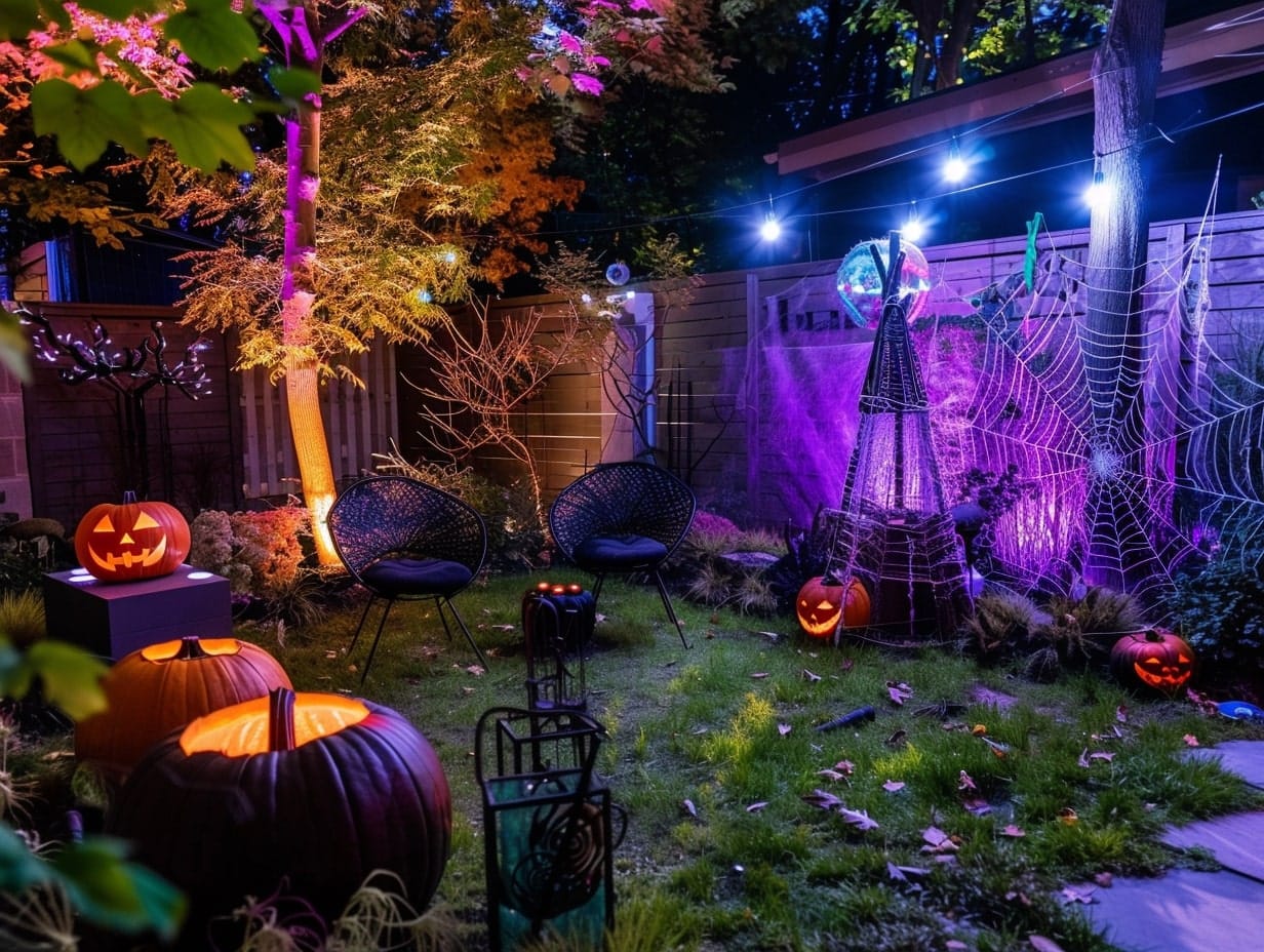 A garden decorated with Halloween themed decorations and lights
