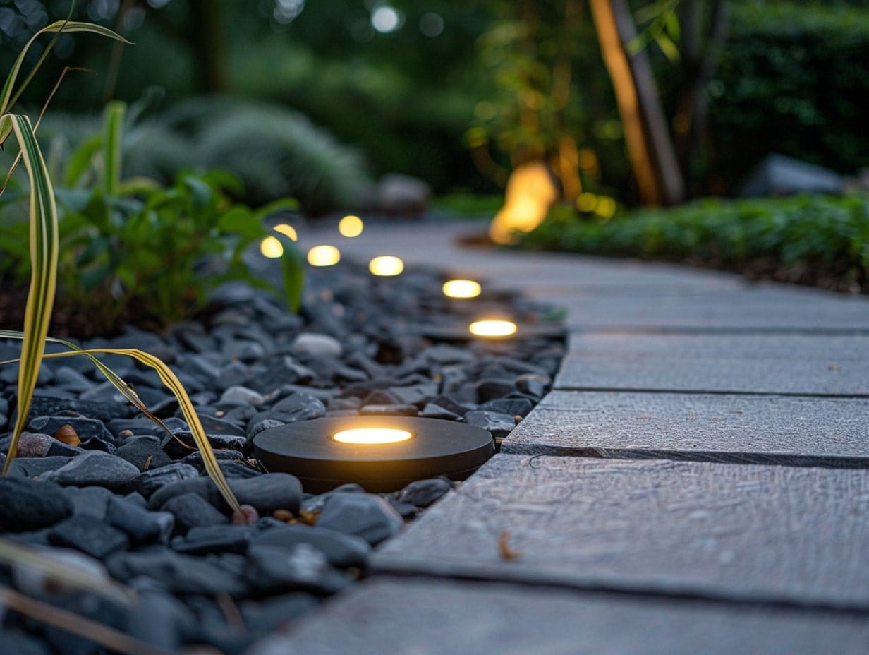 In-ground lights embedded in a pathway's border