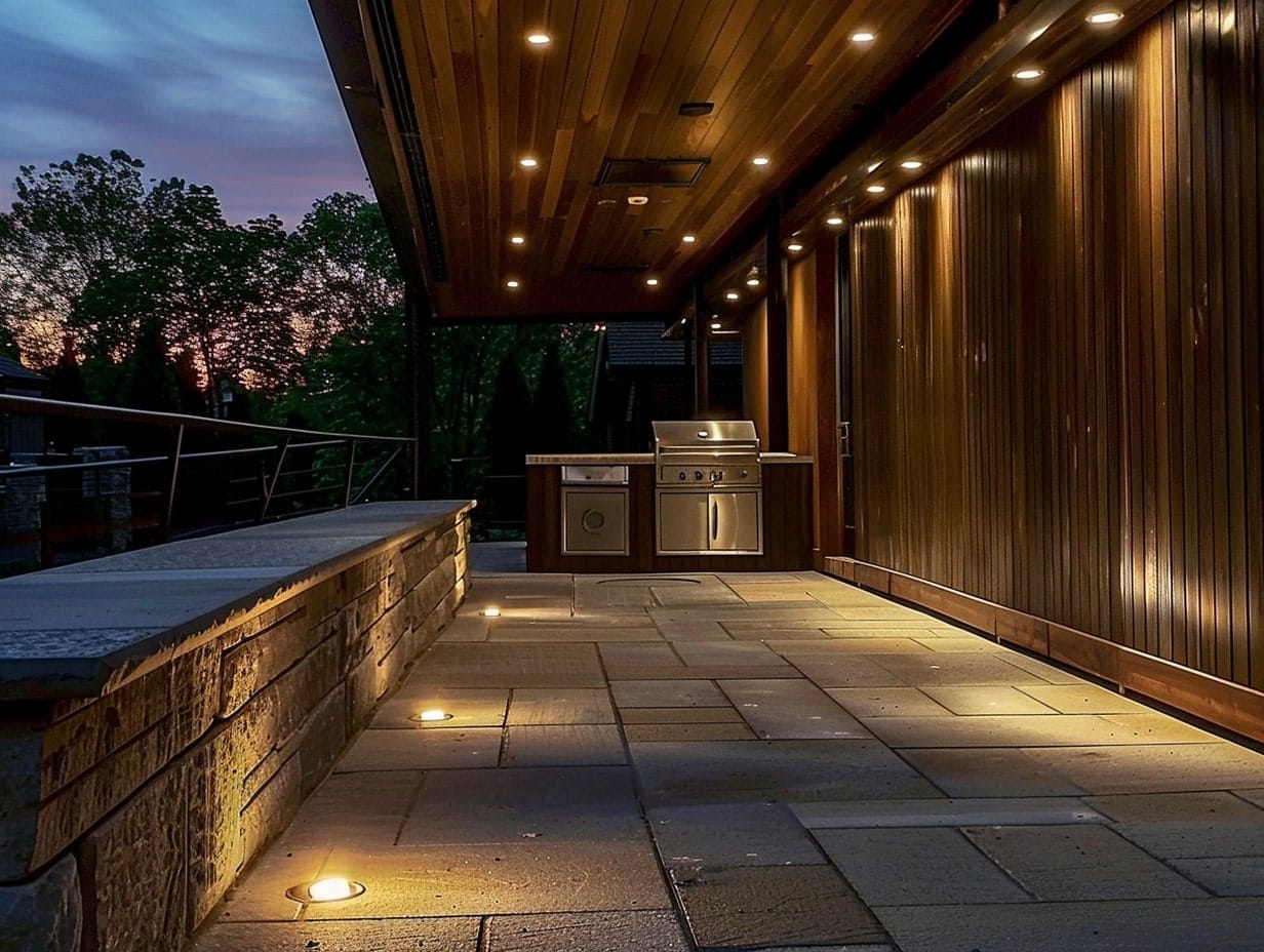 In-ground uplights highlighting architectural features of an outdoor kitchen