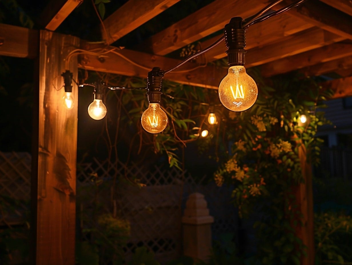 Industrial bulb string lights hanging from one corner of a pergola to another 
