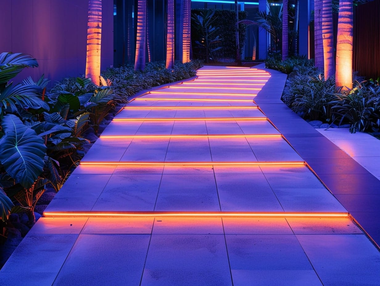 Interactive floor tiles illuminating a walkway leading to a house's front entrance 